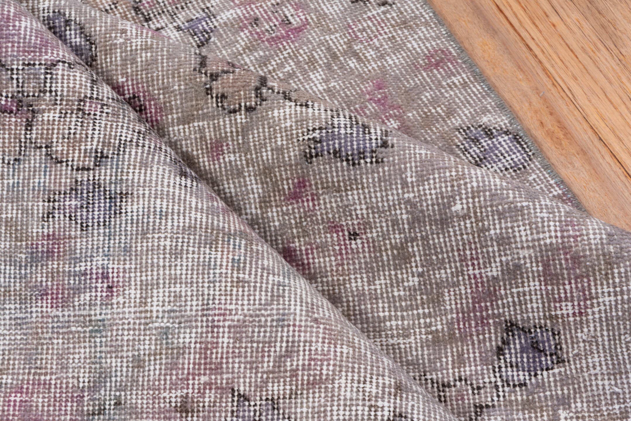 2' x 8' one-of-a-kind handmade vintage Overdyed runner rug. Color palette: taupe, ivory, rose, lavender, charcoal, beige