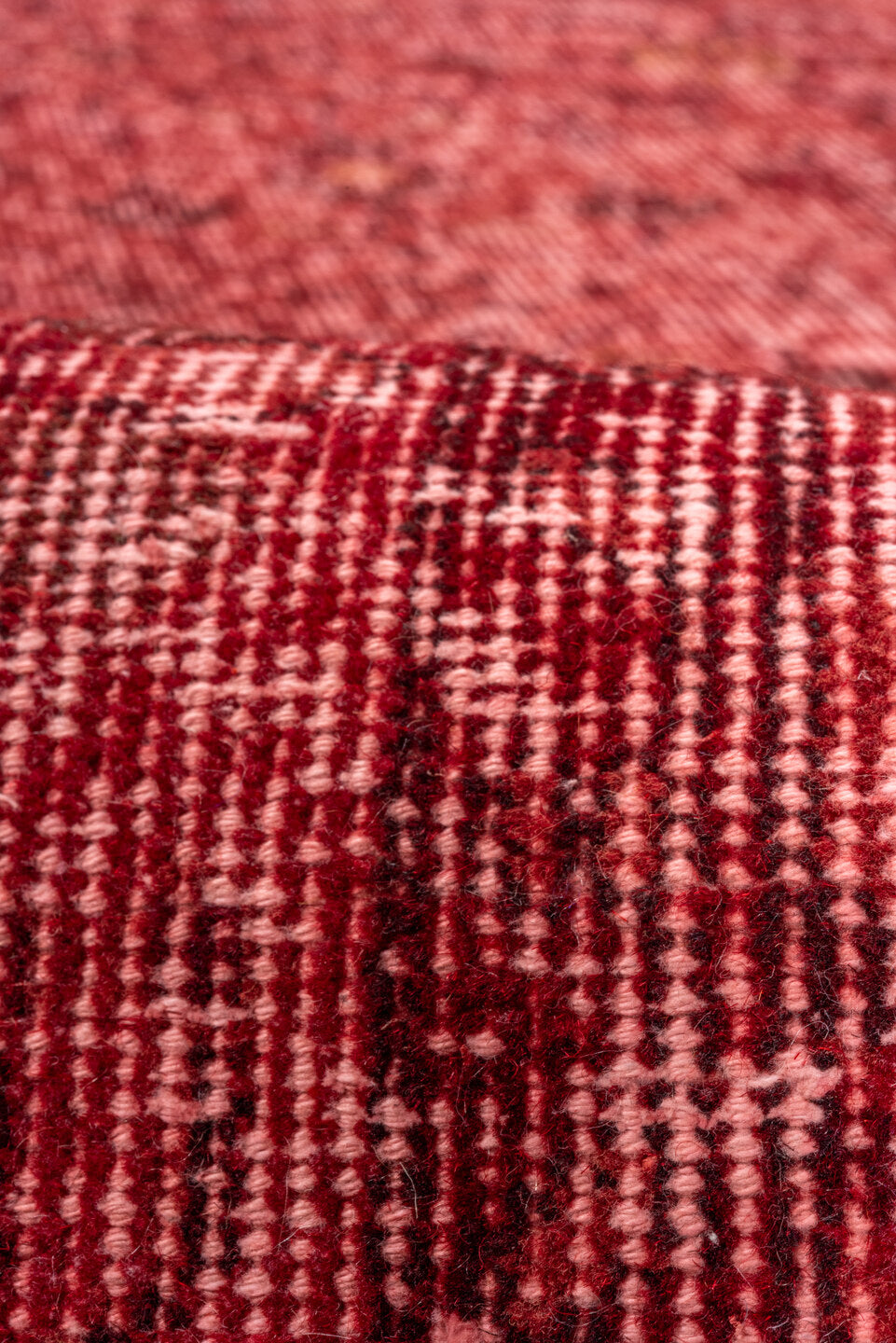 2' x 8' one-of-a-kind handmade vintage Overdyed runner rug. Color palette: brown, off-white, pink, red, snow, white