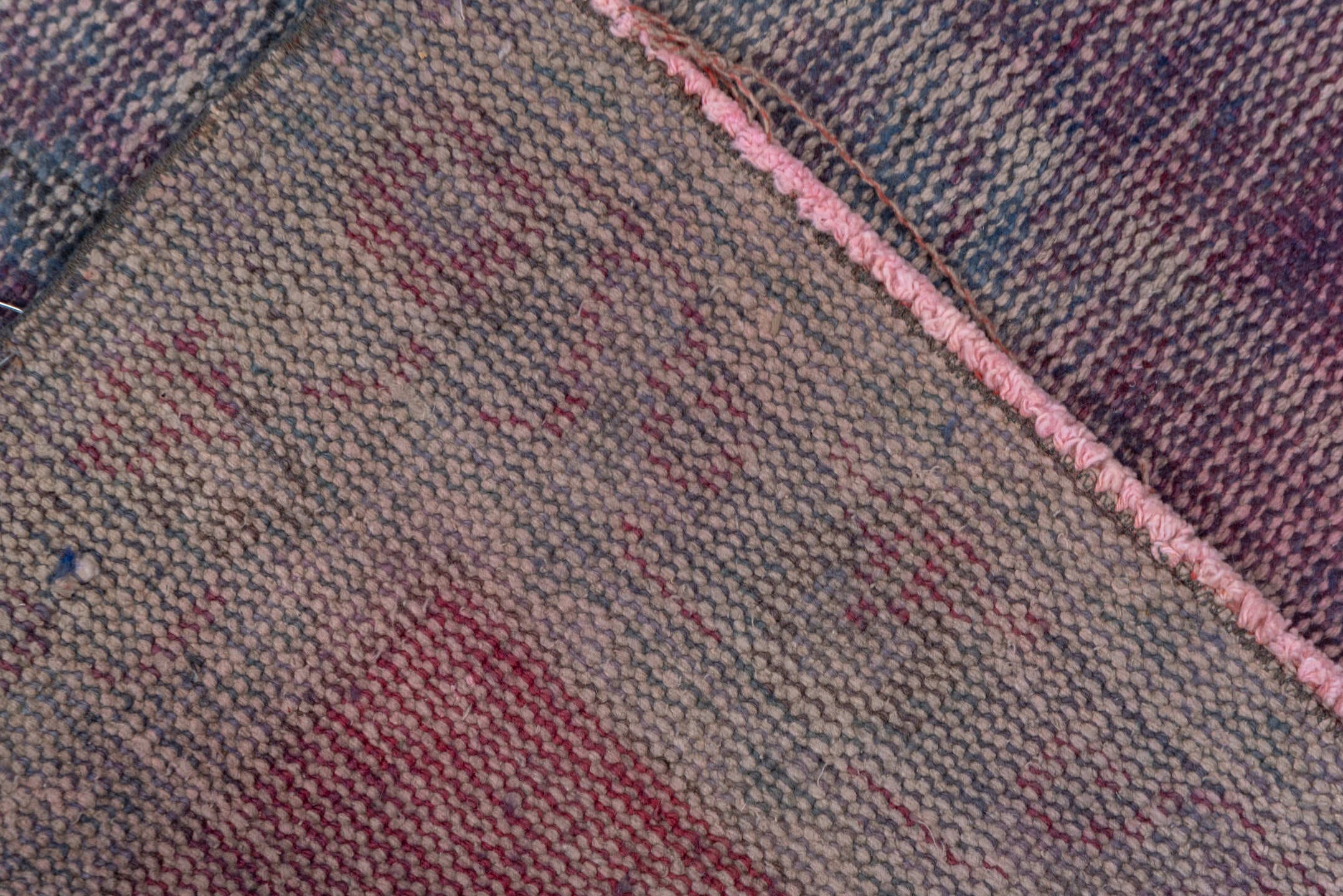 2' x 11' one-of-a-kind handmade vintage Overdyed runner rug. Color palette: rose, lavender, dusty blue, mauve, taupe, slate