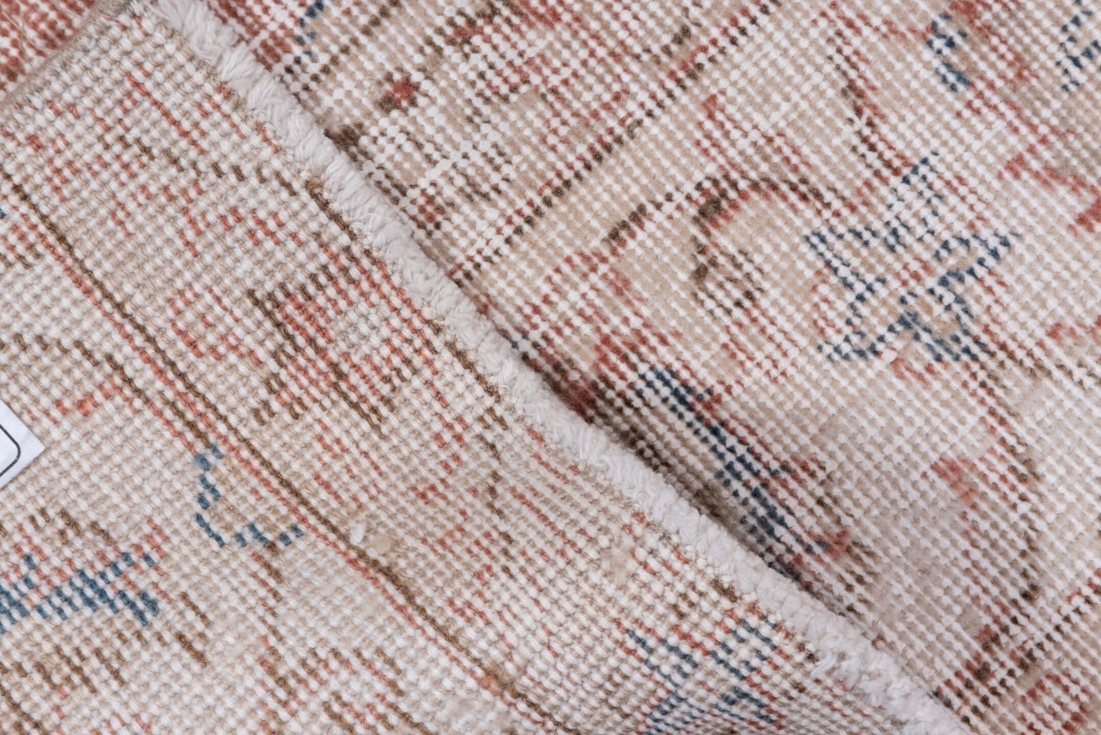 3' x 10' one-of-a-kind handmade vintage Oushak runner rug. Color palette: blush, ivory, dusty rose, pale blue, taupe, beige