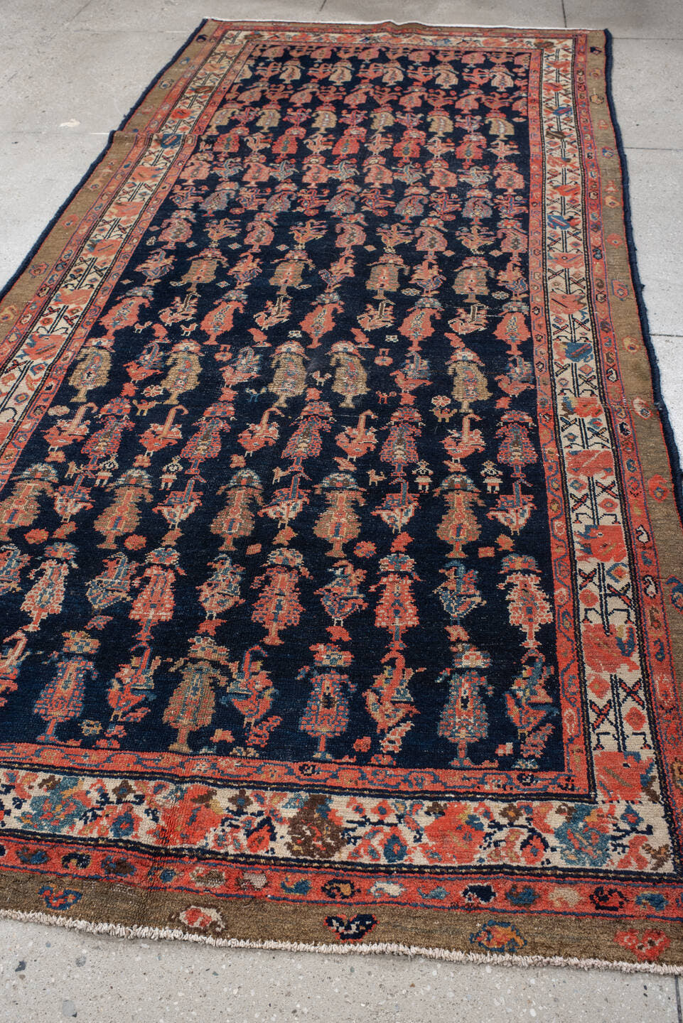4' x 11' one-of-a-kind handmade vintage Malayer runner rug. Color palette: brown, rust, ivory, navy, coral, gold, camel