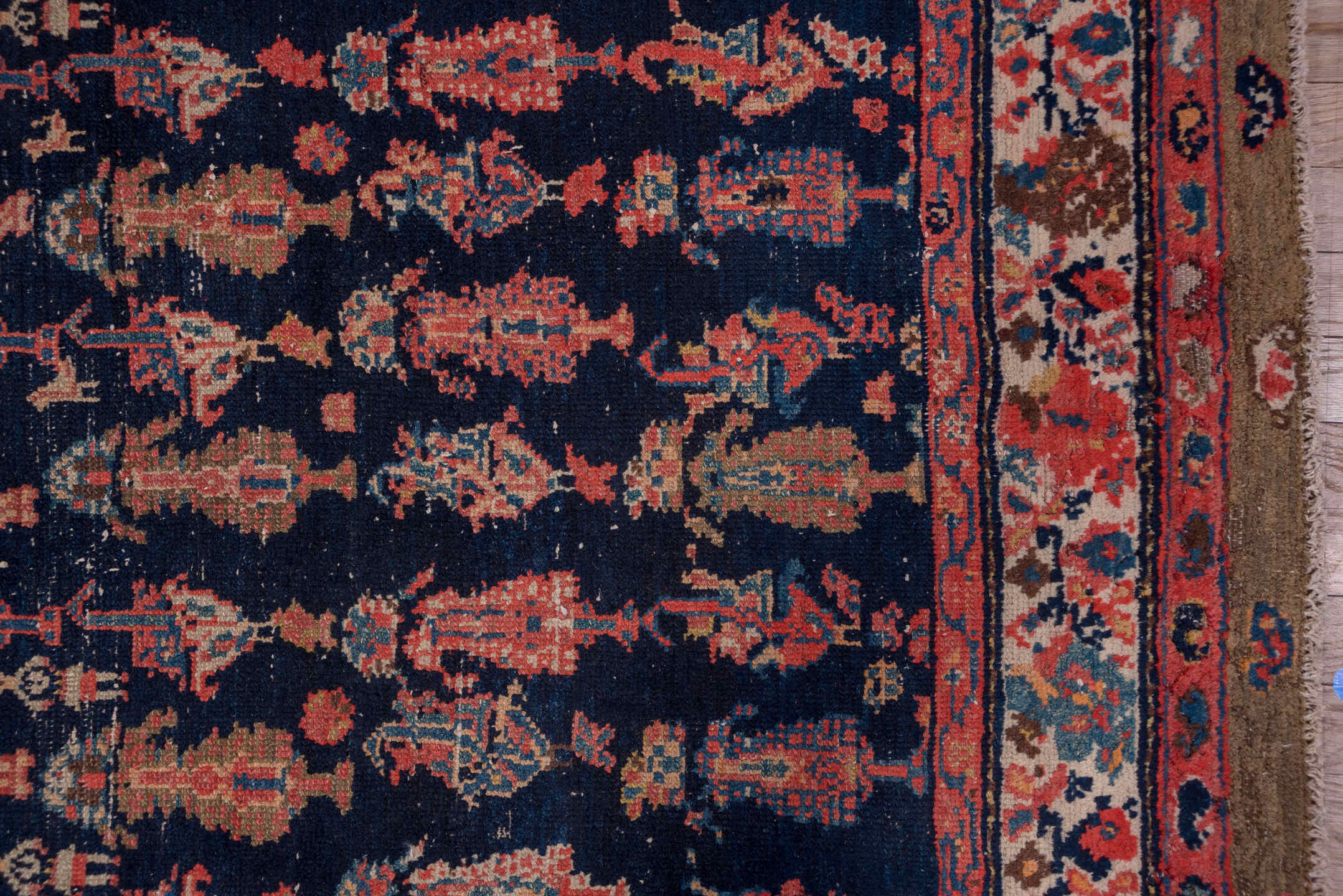 4' x 11' one-of-a-kind handmade vintage Malayer runner rug. Color palette: black, blue, brown, fiord, gray, green