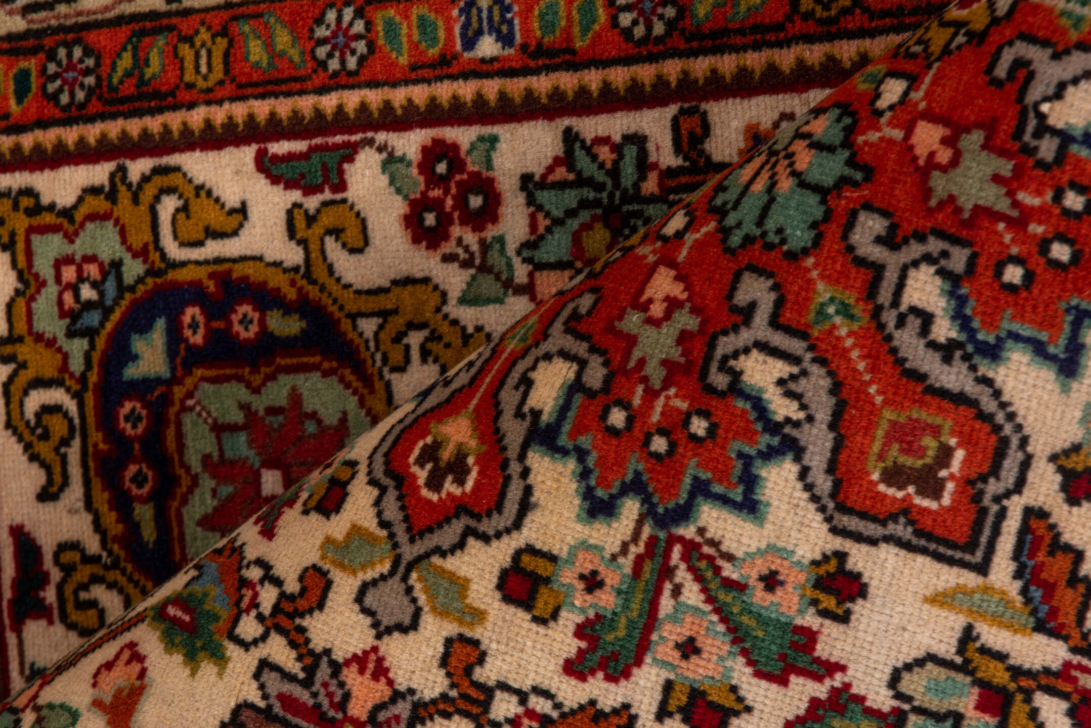 3' x 5' one-of-a-kind handmade vintage Tabriz small size rug. Color palette: ivory, rust, coral, sage, navy, gold, brown