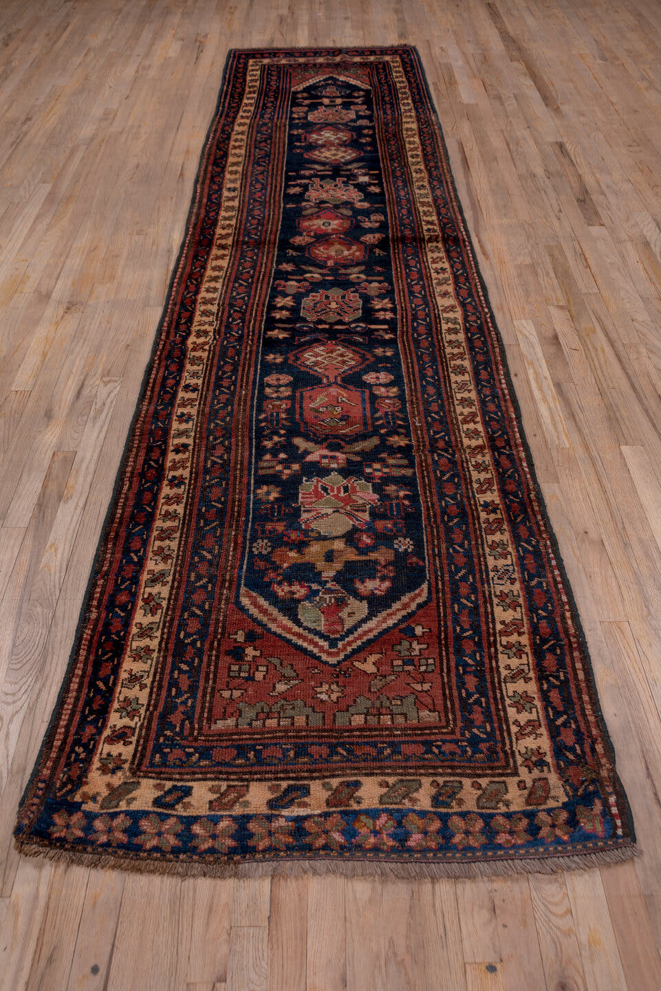 3' x 13' one-of-a-kind handmade antique Malayer runner rug. Color palette: navy, rust, ivory, camel, terracotta, indigo