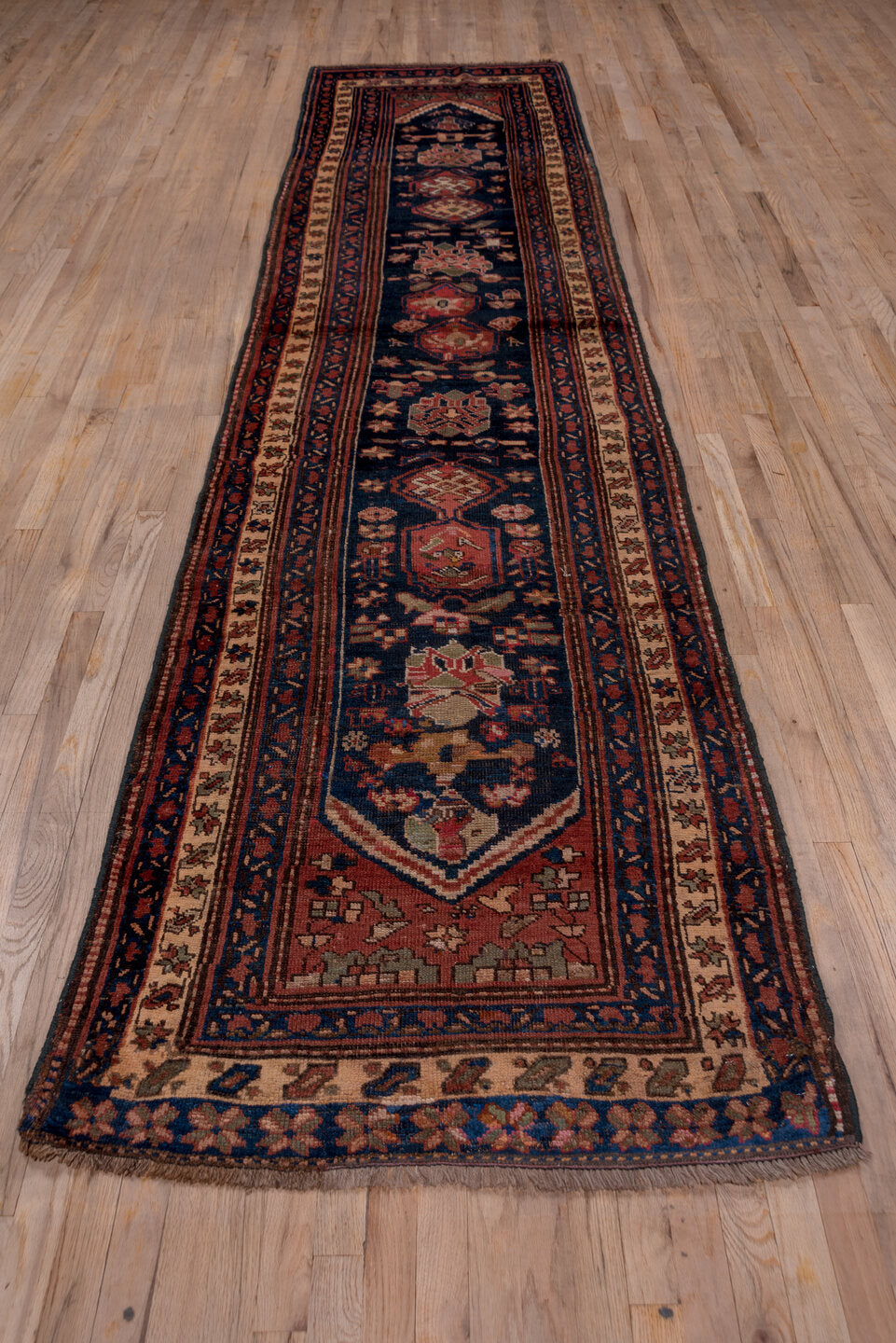 3' x 13' one-of-a-kind handmade vintage Malayer runner rug. Color palette: black, brown, gray, off-white, pink, red, snow