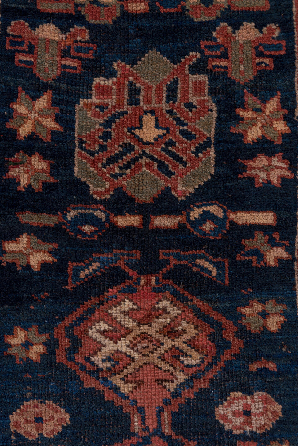 3' x 13' one-of-a-kind handmade antique Malayer runner rug. Color palette: navy, rust, ivory, camel, terracotta, indigo