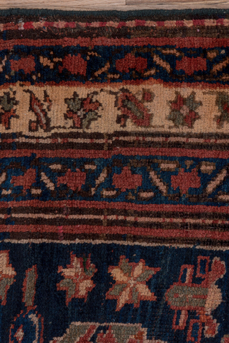 3' x 13' one-of-a-kind handmade antique Malayer runner rug. Color palette: navy, rust, ivory, camel, terracotta, indigo