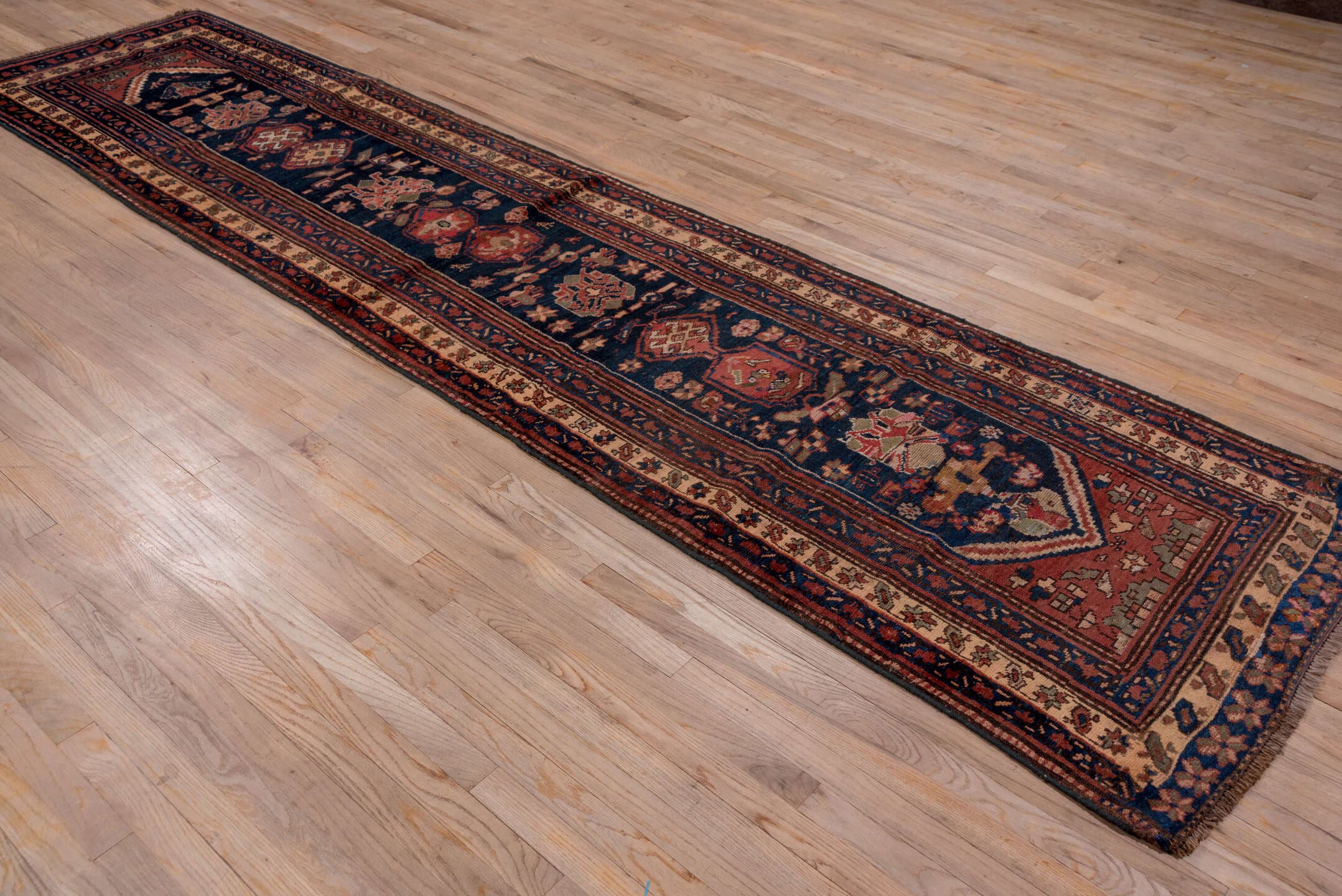3' x 13' one-of-a-kind handmade antique Malayer runner rug. Color palette: navy, rust, ivory, camel, terracotta, indigo