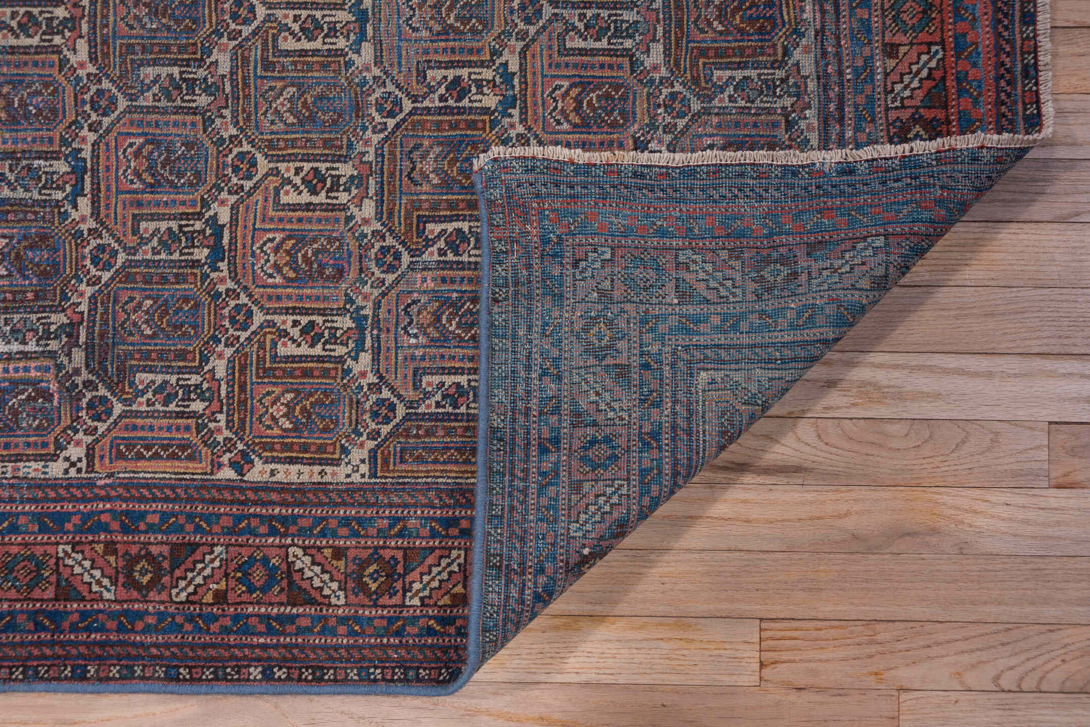 5' x 6' one-of-a-kind handmade vintage Afshar rug. Color palette: blue, brown, dark gray, gray, light gray, off-white, pink