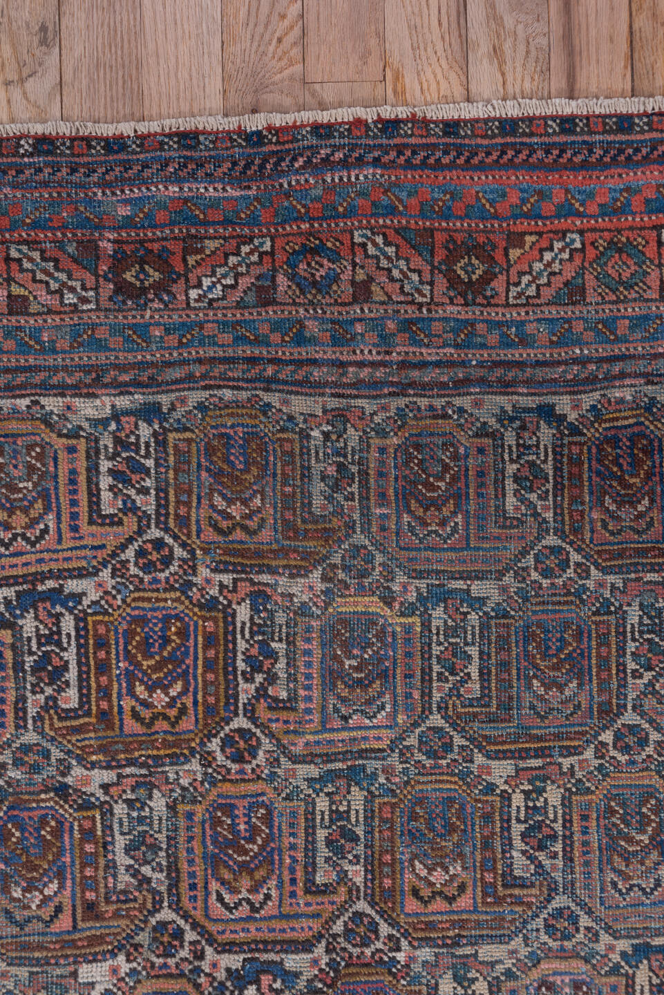 5' x 6' one-of-a-kind handmade vintage Afshar rug. Color palette: blue, brown, dark gray, gray, light gray, off-white, pink