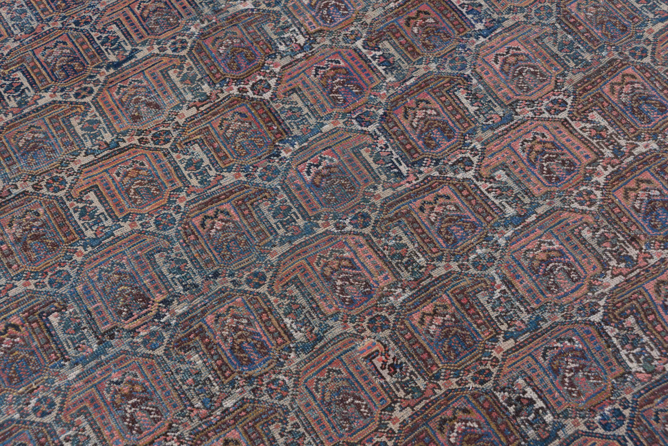 5' x 6' one-of-a-kind handmade vintage Afshar rug. Color palette: blue, brown, dark gray, gray, light gray, off-white, pink