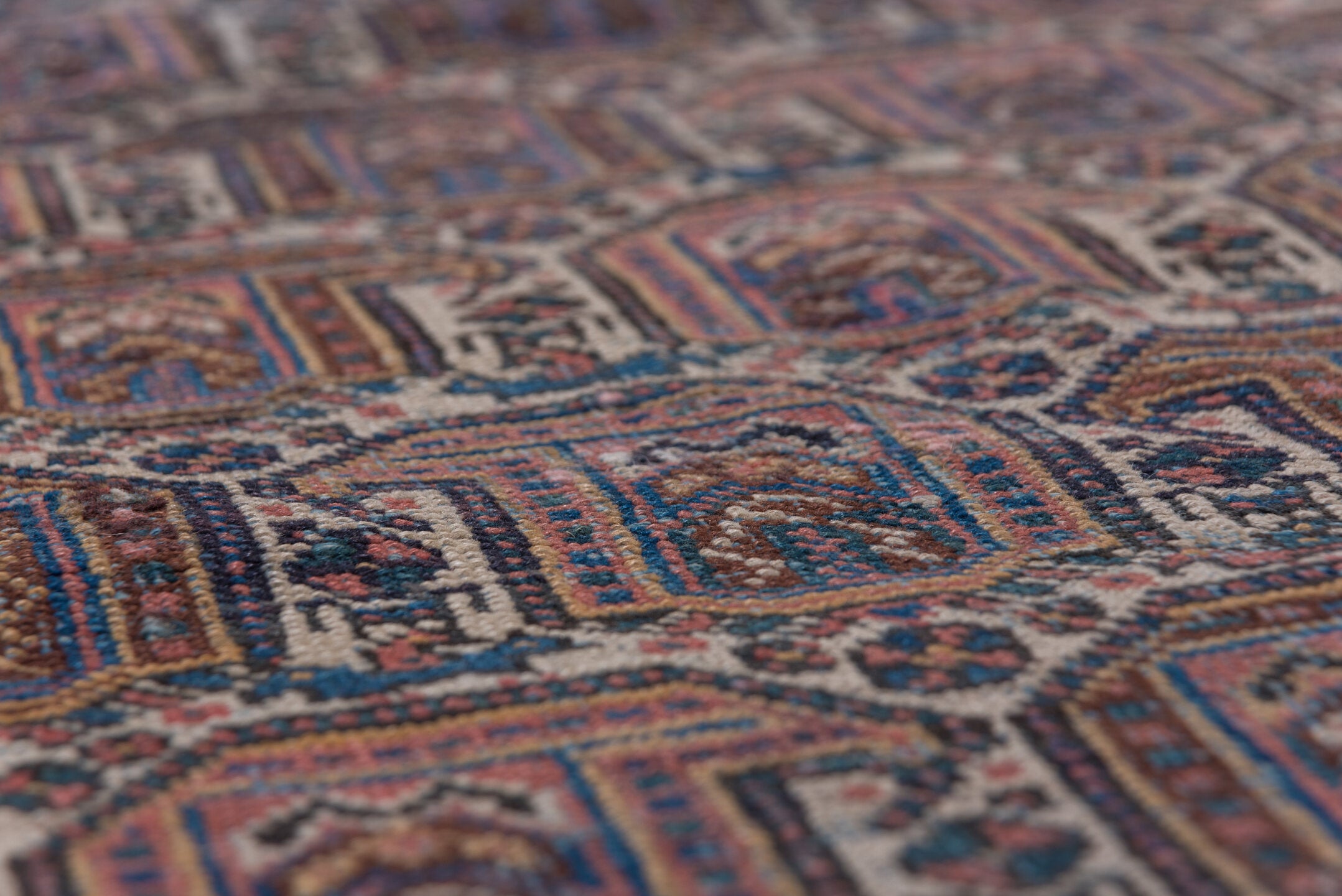 5' x 6' one-of-a-kind handmade vintage Afshar rug. Color palette: blue, brown, dark gray, gray, light gray, off-white, pink