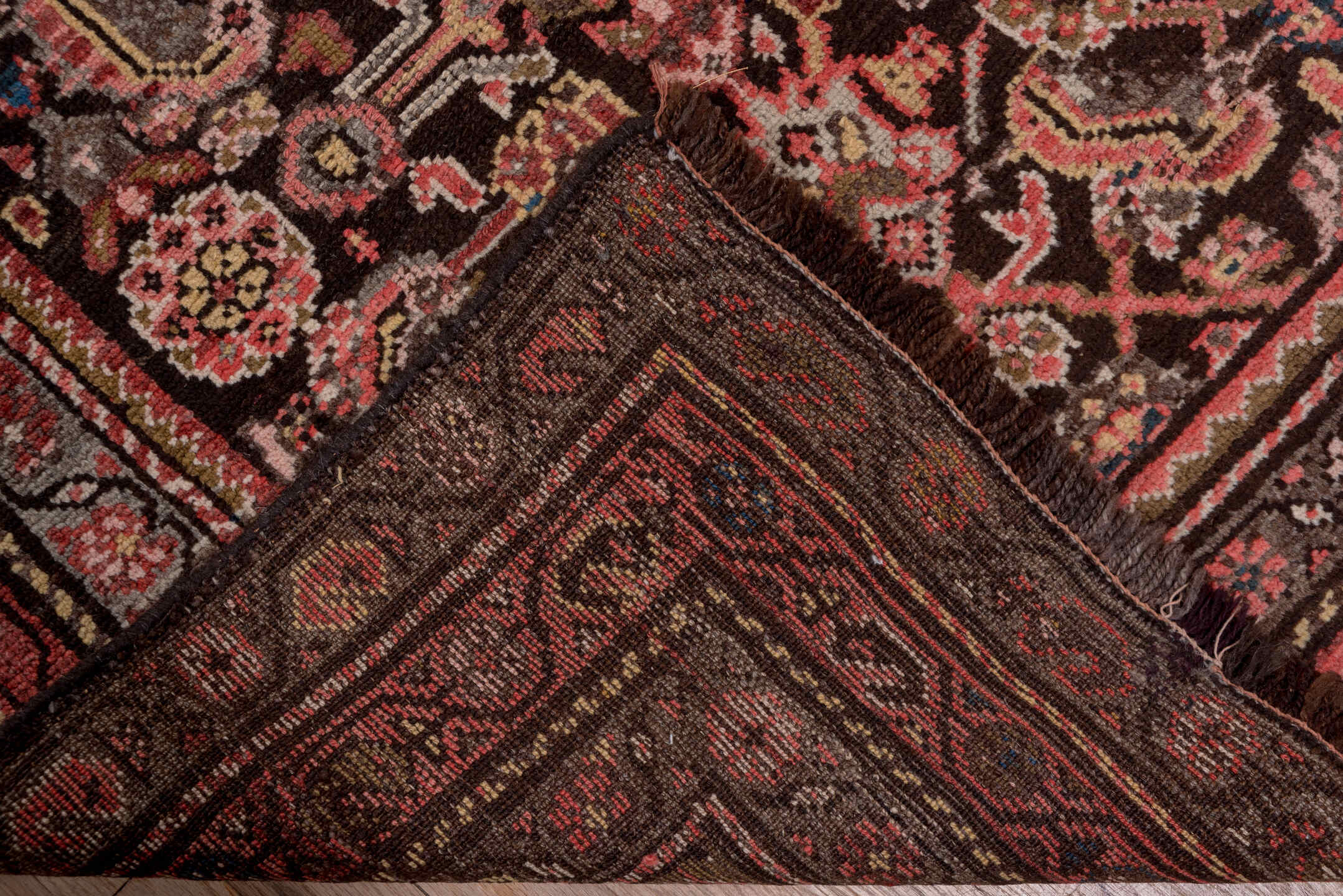 3' x 15' one-of-a-kind handmade vintage Malayer runner rug. Color palette: brown, gray, pink, red