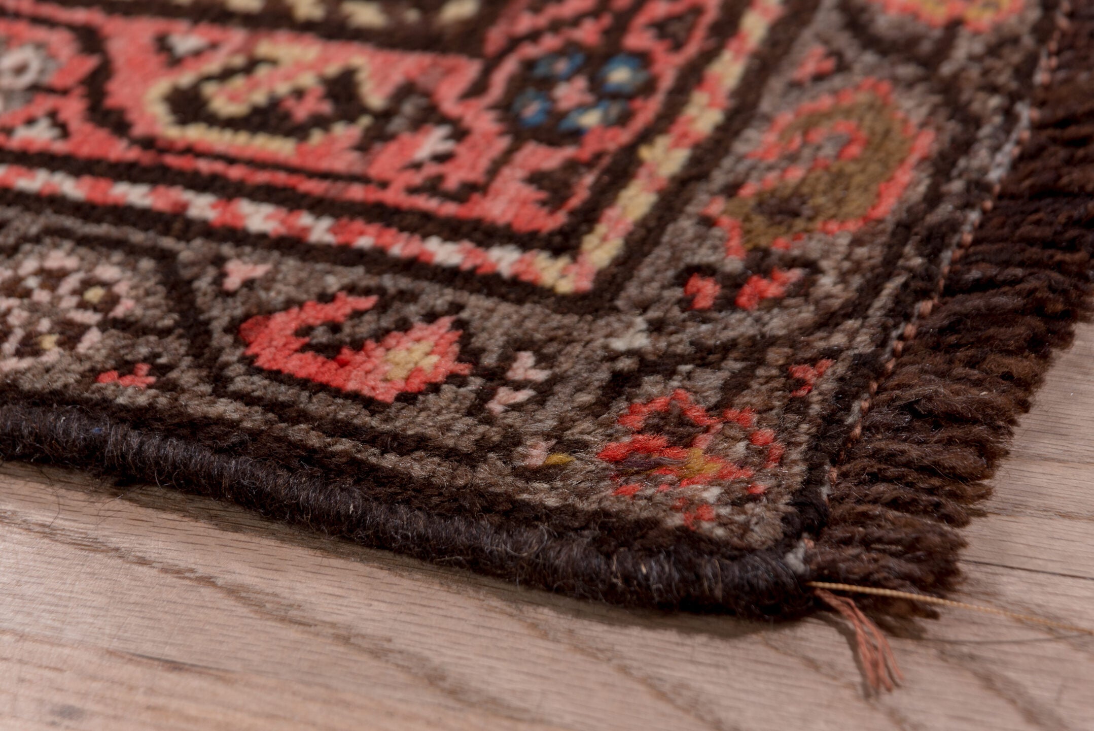 3' x 15' one-of-a-kind handmade vintage Malayer runner rug. Color palette: brown, gray, pink, red