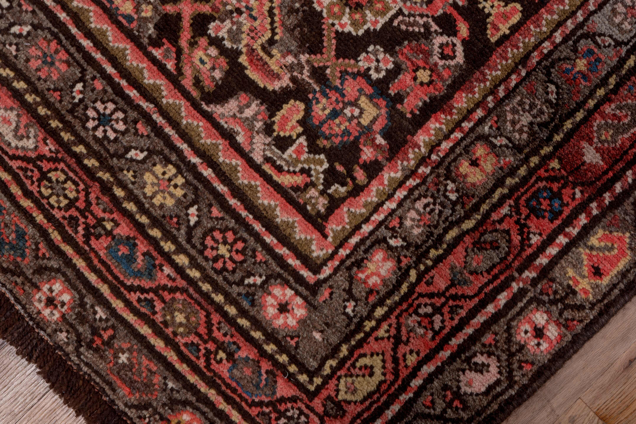 3' x 15' one-of-a-kind handmade vintage Malayer runner rug. Color palette: brown, gray, pink, red