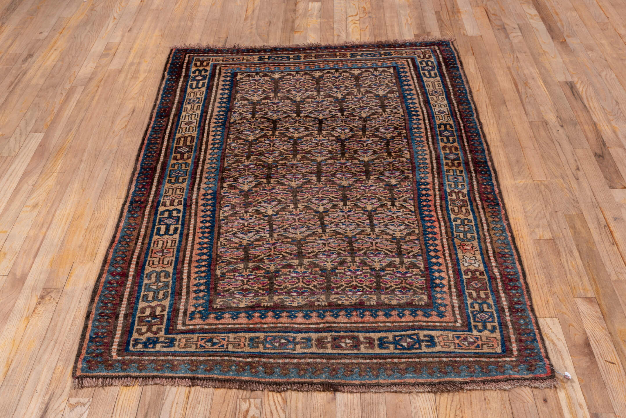 3' x 6' one-of-a-kind handmade antique Kurd small size rug. Color palette: brown, ivory, indigo, sky blue, rose, burgundy