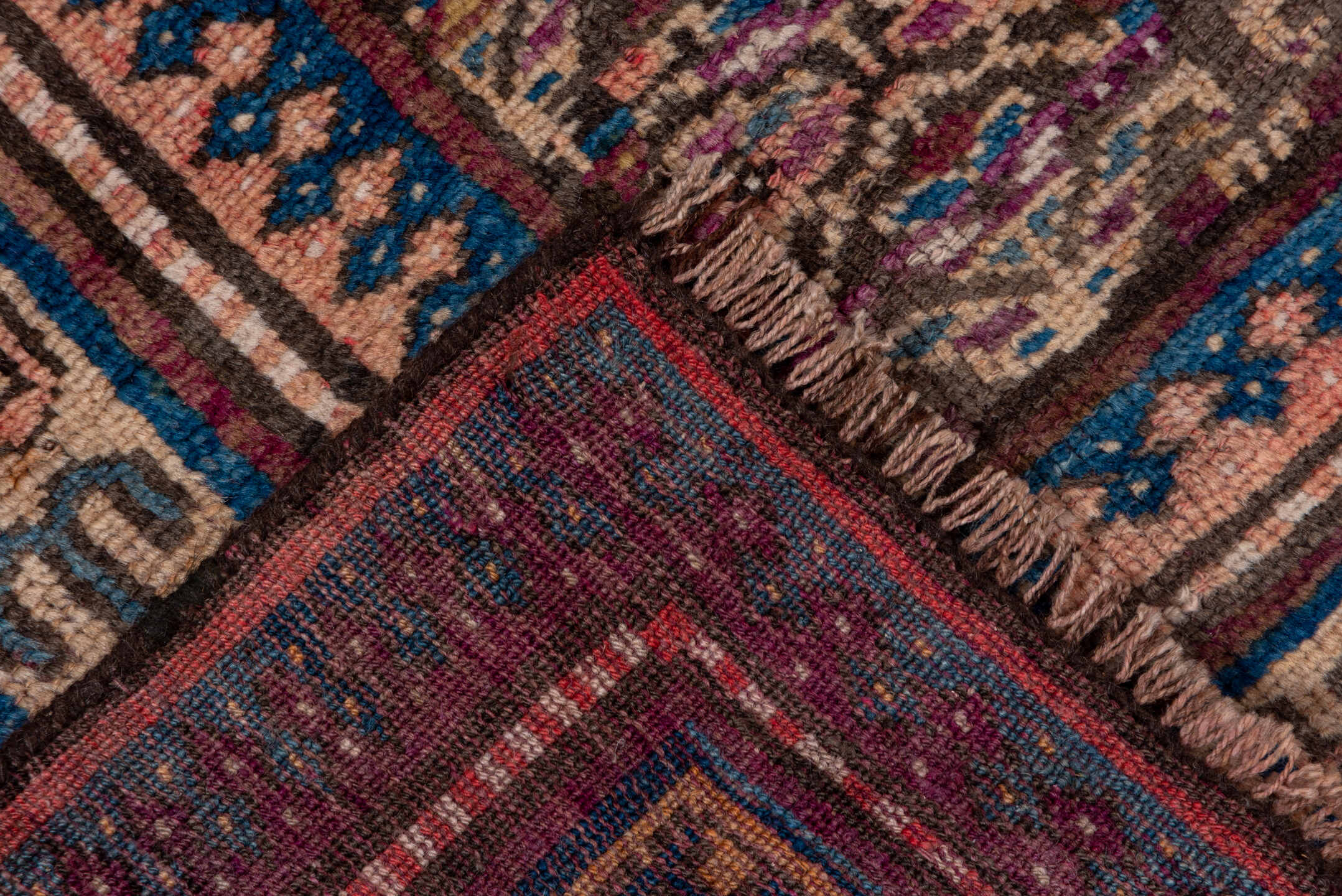 3' x 6' one-of-a-kind handmade antique Kurd small size rug. Color palette: brown, ivory, indigo, sky blue, rose, burgundy