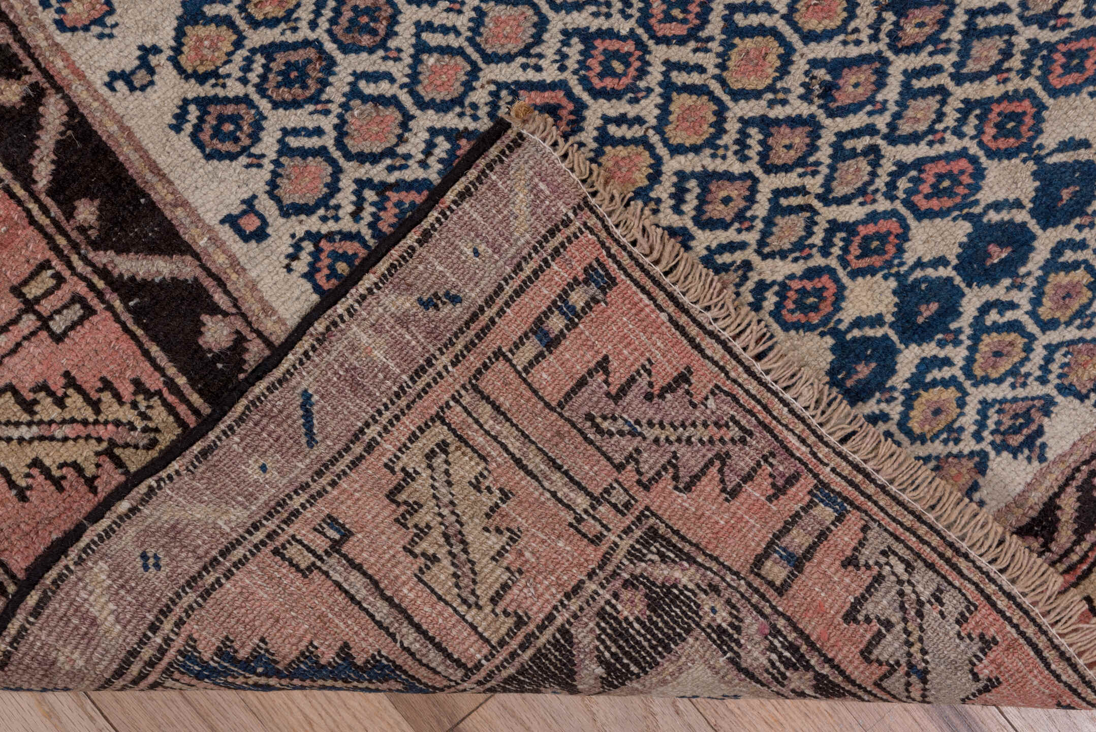 4' x 10' one-of-a-kind handmade antique Malayer runner rug. Color palette: ivory, rust, navy, rose, charcoal, taupe