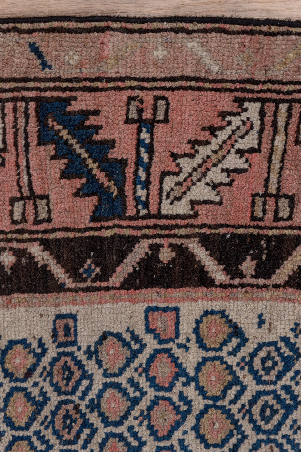 4' x 10' one-of-a-kind handmade antique Malayer runner rug. Color palette: ivory, rust, navy, rose, charcoal, taupe