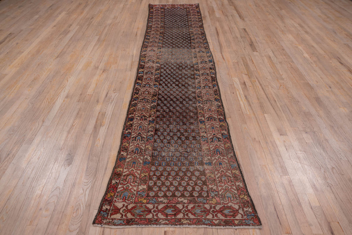 2' x 12' one-of-a-kind handmade antique Malayer runner rug. Color palette: brown, rust, camel, ivory, blue, burgundy