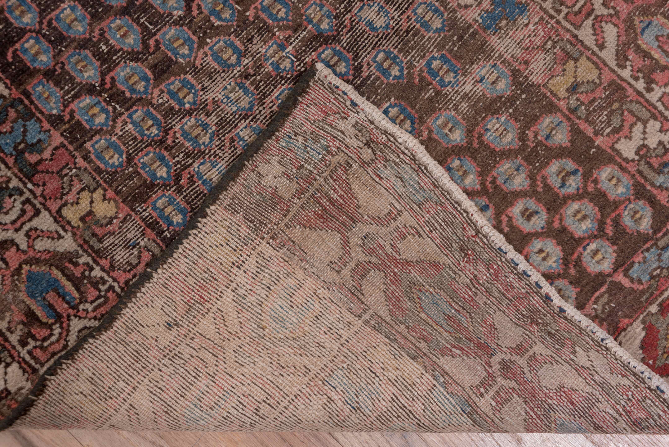 2' x 12' one-of-a-kind handmade antique Malayer runner rug. Color palette: brown, rust, camel, ivory, blue, burgundy