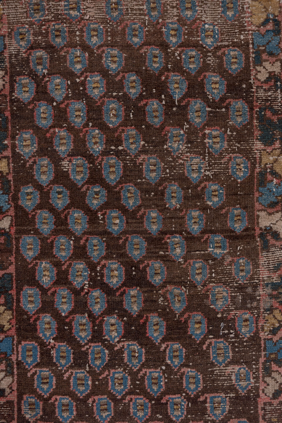 2' x 12' one-of-a-kind handmade vintage Malayer runner rug. Color palette: blue, brown, dim gray, gray, pink, red, redwood
