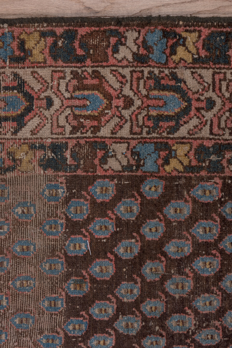 2' x 12' one-of-a-kind handmade vintage Malayer runner rug. Color palette: blue, brown, dim gray, gray, pink, red, redwood
