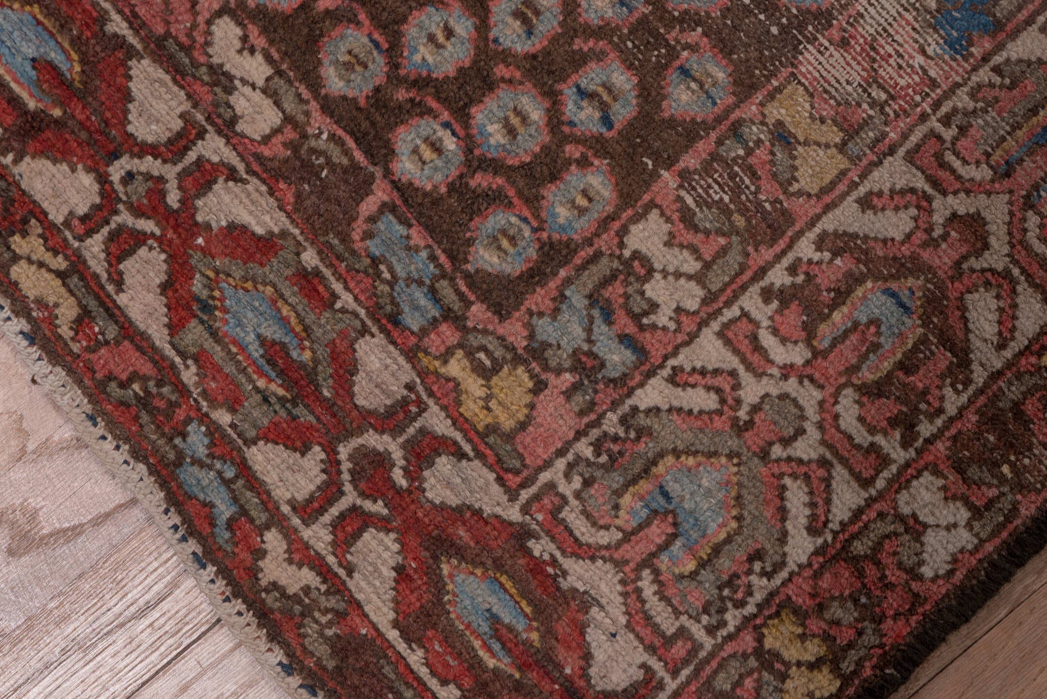 2' x 12' one-of-a-kind handmade antique Malayer runner rug. Color palette: brown, rust, camel, ivory, blue, burgundy