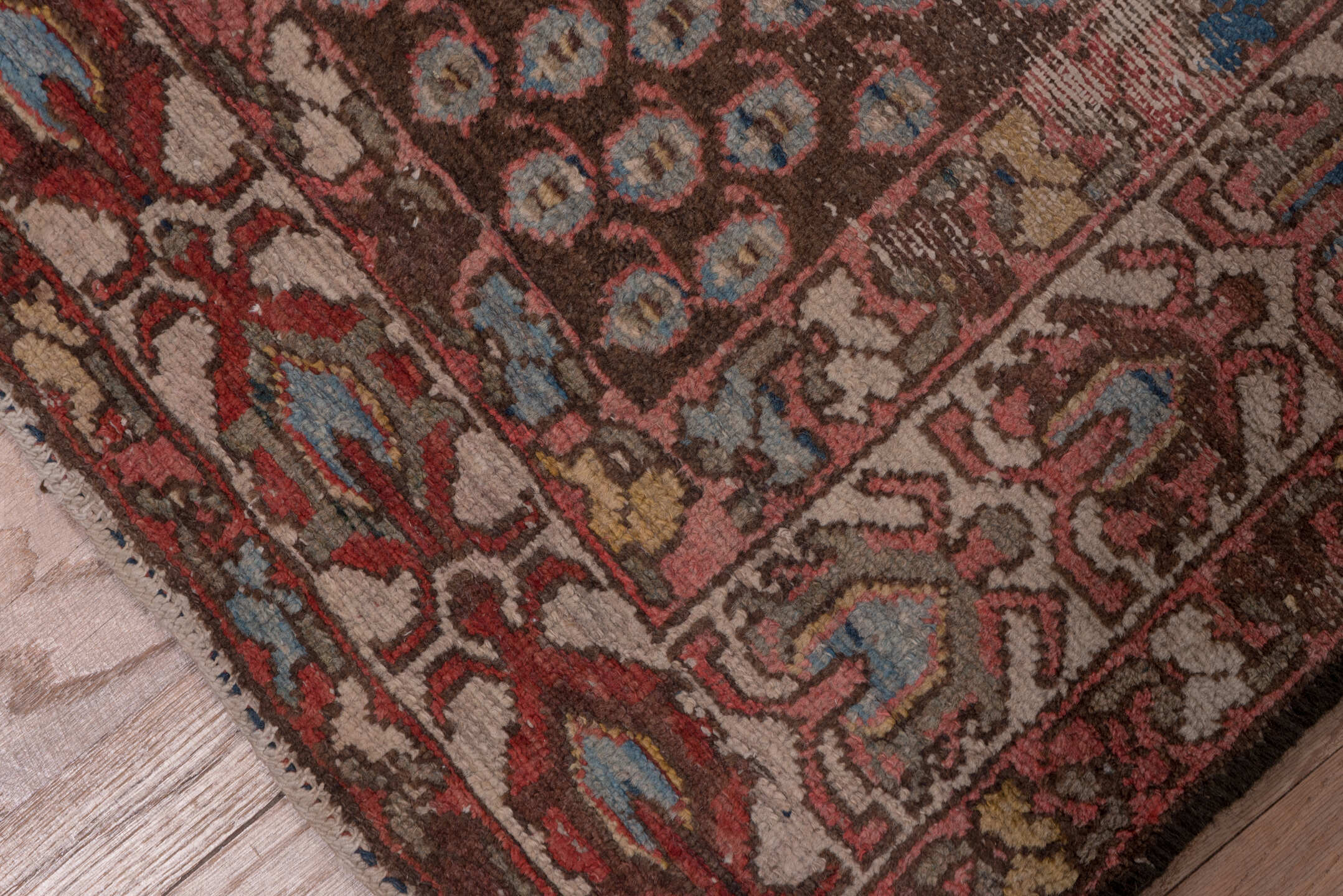 2' x 12' one-of-a-kind handmade antique Malayer runner rug. Color palette: brown, rust, camel, ivory, blue, burgundy
