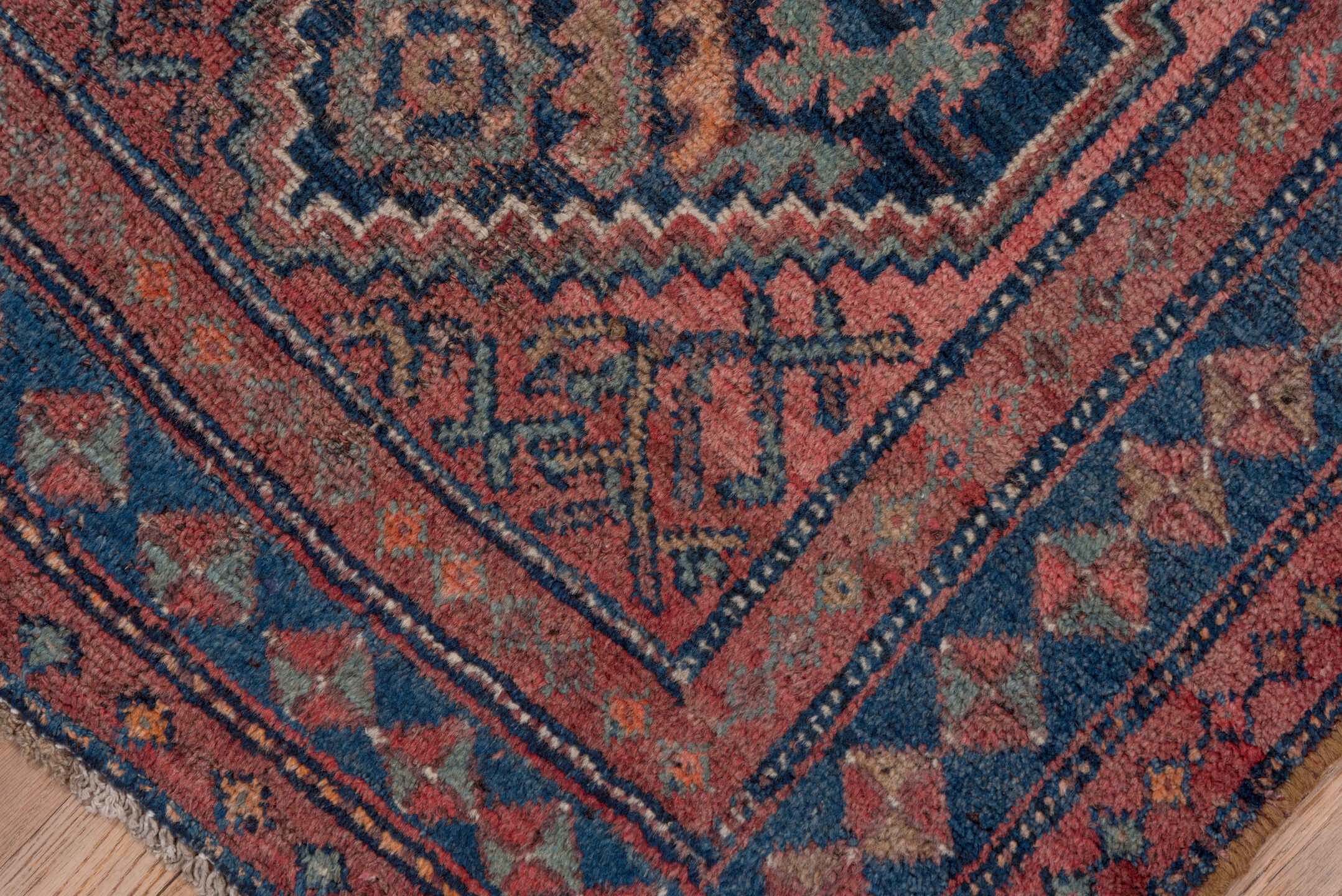 3' x 6' one-of-a-kind handmade antique Malayer small size rug. Color palette: indigo, rust, rose, slate, terra cotta, ivory