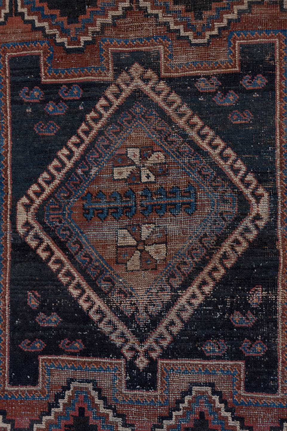 3' x 5' one-of-a-kind handmade antique Afshar small size rug. Color palette: indigo, rust, ivory, cobalt, camel, terracotta