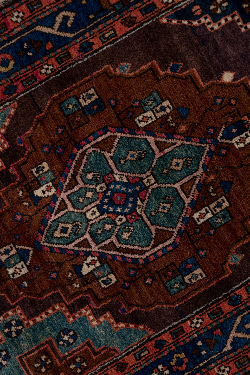 3' x 13' one-of-a-kind handmade antique Karabagh runner rug. Color palette: indigo, rose, aubergine, sky_blue, rust, ivory