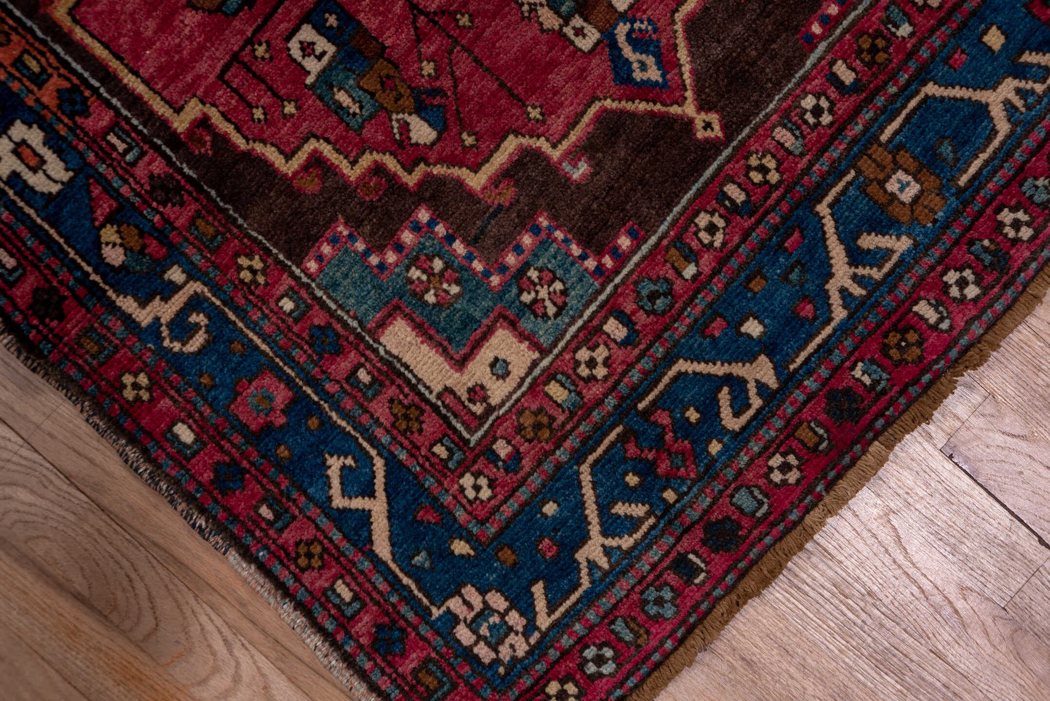 3' x 13' one-of-a-kind handmade antique Karabagh runner rug. Color palette: indigo, rose, aubergine, sky_blue, rust, ivory