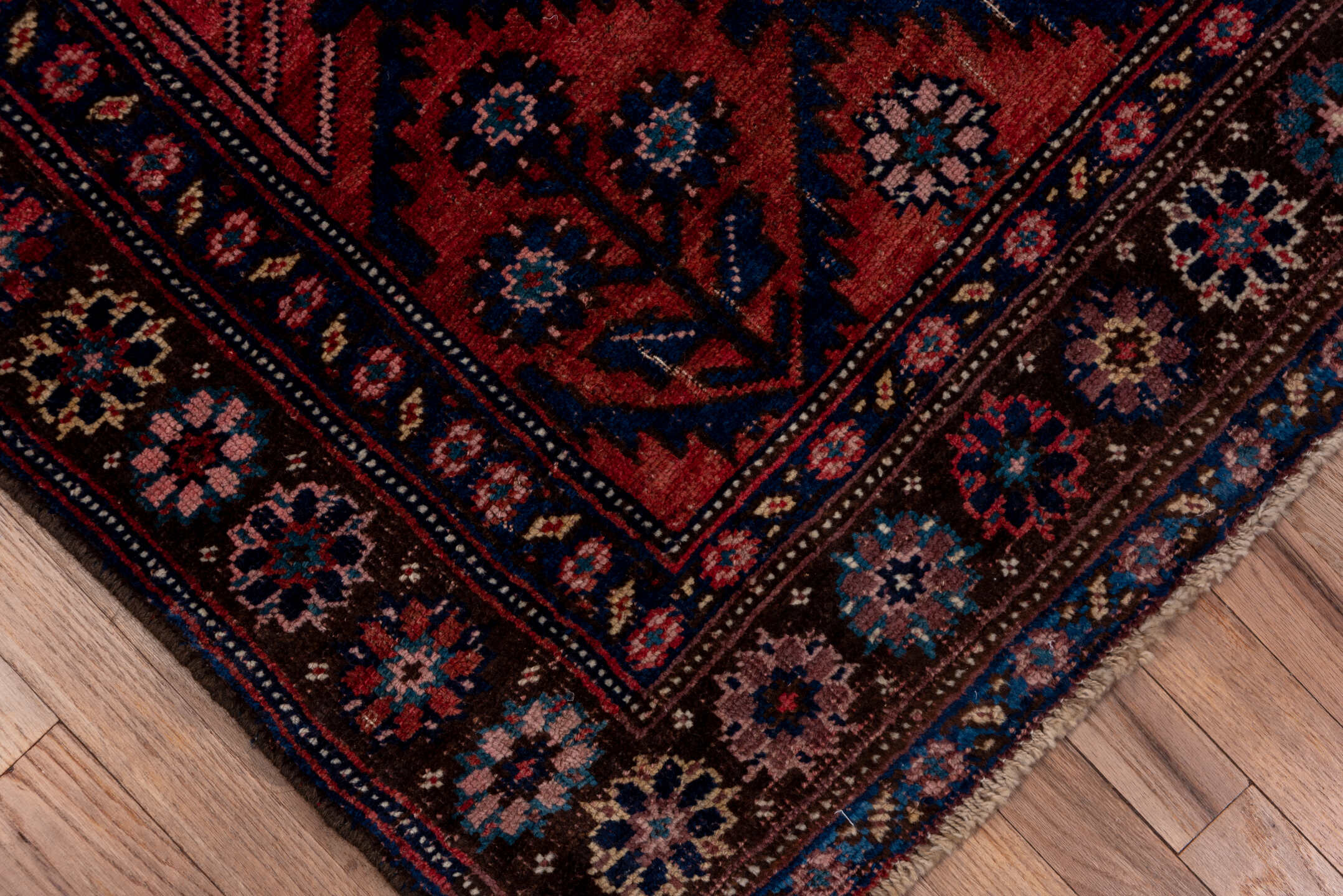 4' x 7' one-of-a-kind handmade antique Bidjar rug. Color palette: rose, navy, ivory, burgundy, dusty pink, camel, slate