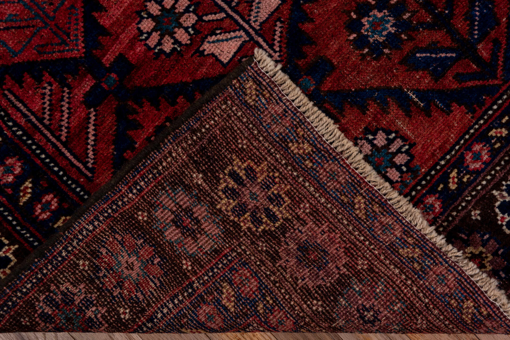 4' x 7' one-of-a-kind handmade antique Bidjar rug. Color palette: rose, navy, ivory, burgundy, dusty pink, camel, slate