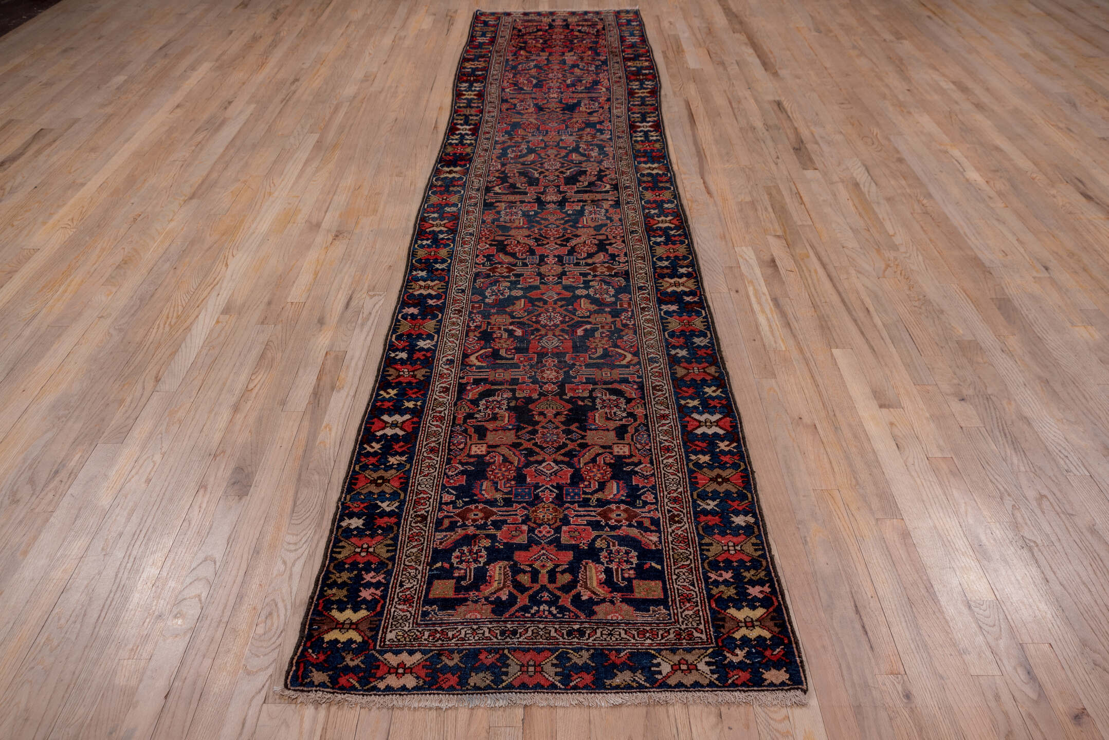 3' x 14' one-of-a-kind handmade antique Malayer runner rug. Color palette: navy, rust, ivory, camel, slate, rose, blue
