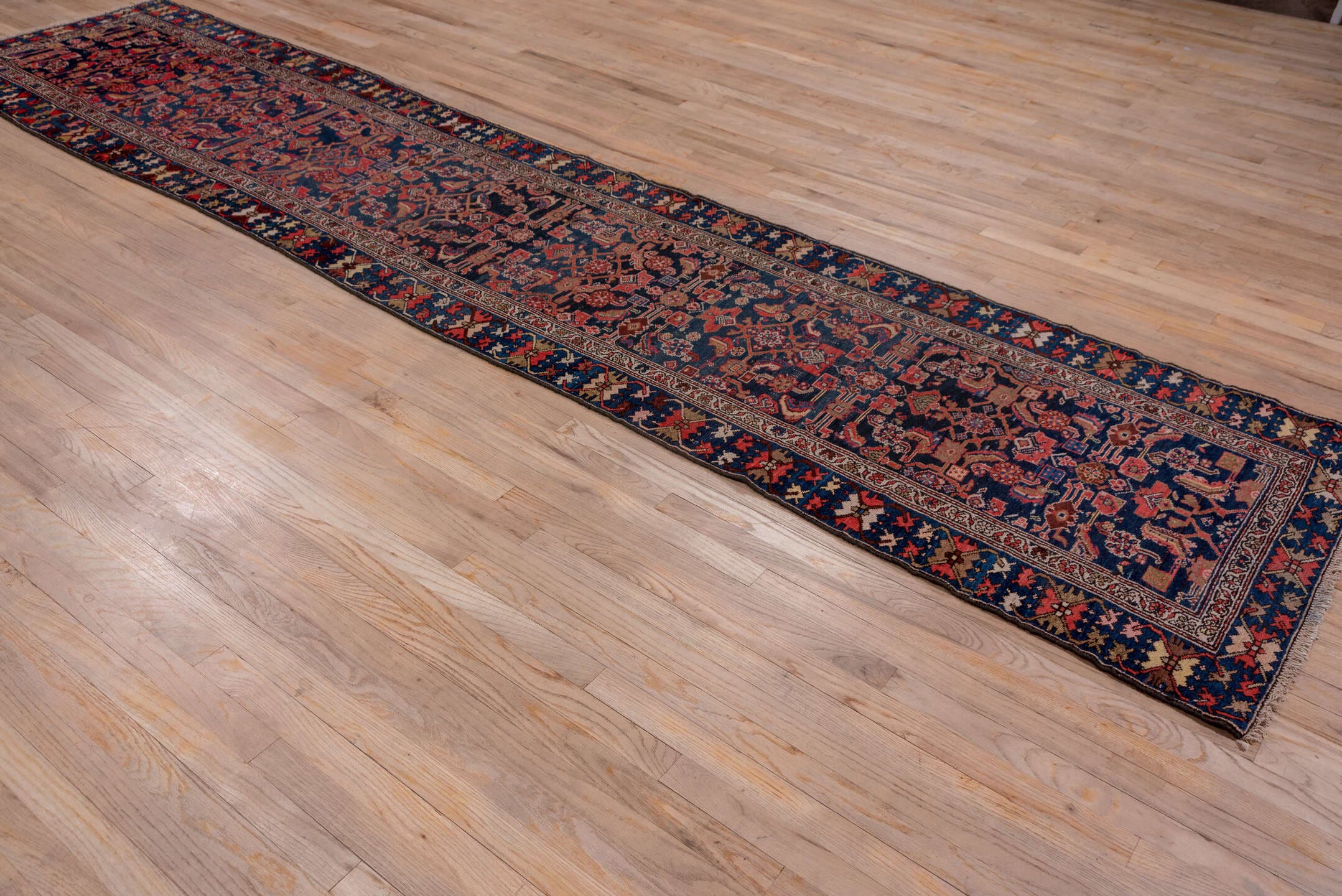 3' x 14' one-of-a-kind handmade antique Malayer runner rug. Color palette: navy, rust, ivory, camel, slate, rose, blue