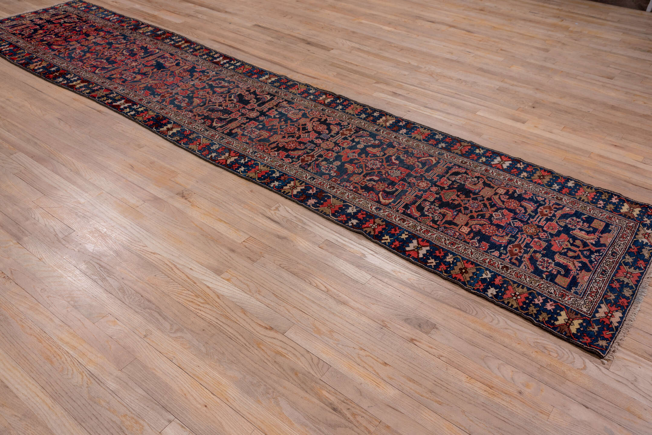 3' x 14' one-of-a-kind handmade antique Malayer runner rug. Color palette: navy, rust, ivory, camel, slate, rose, blue