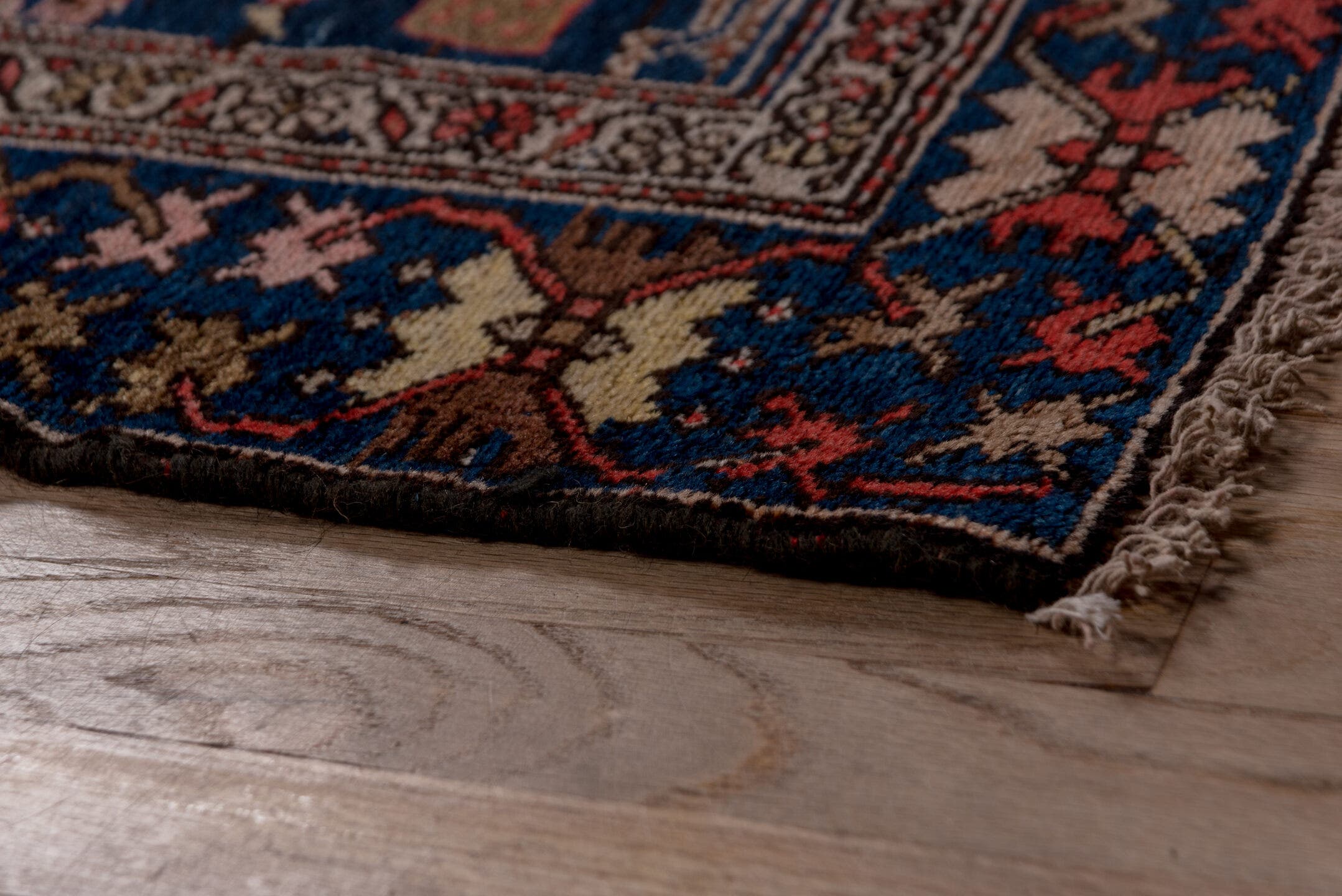 3' x 14' one-of-a-kind handmade antique Malayer runner rug. Color palette: navy, rust, ivory, camel, slate, rose, blue