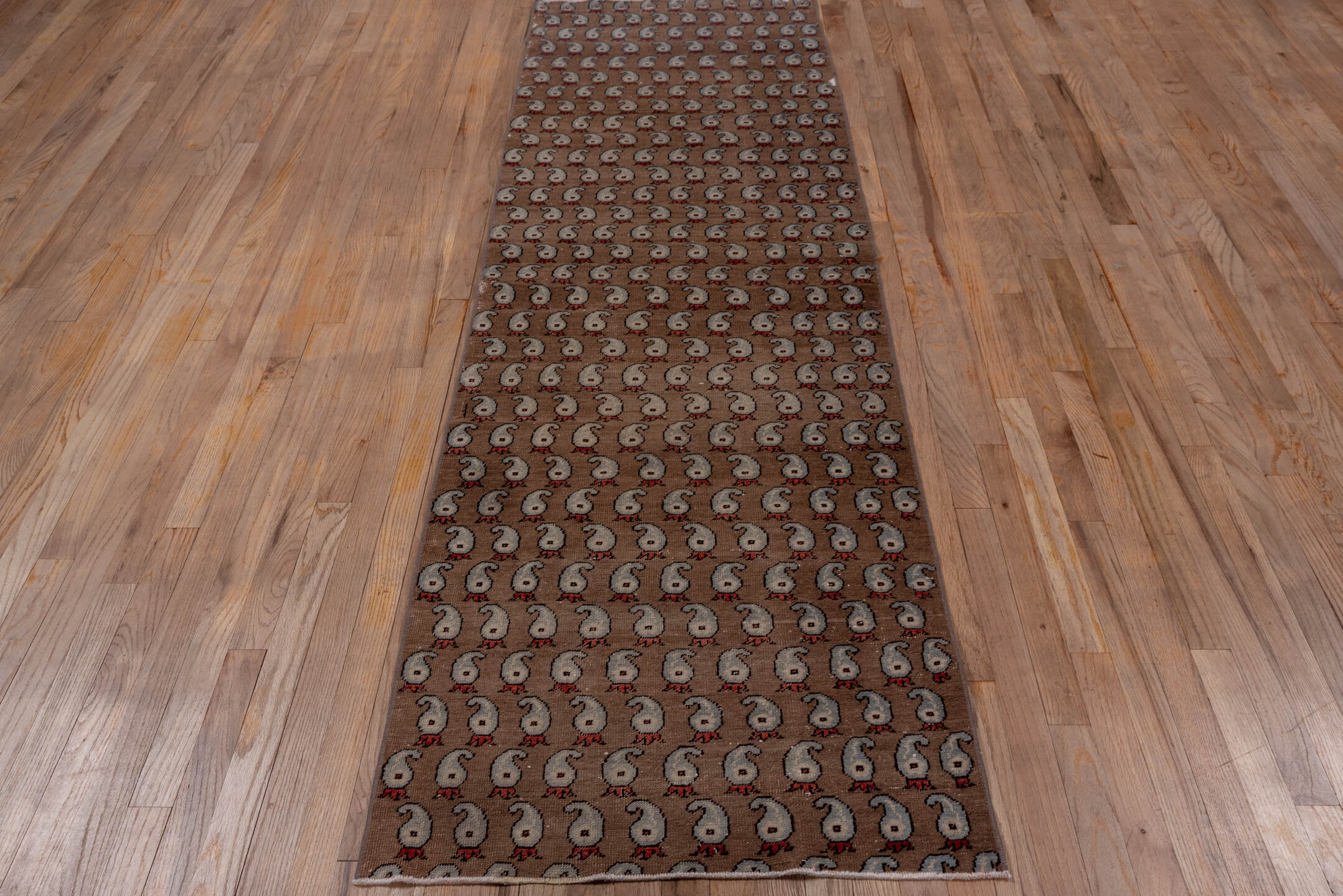 2' x 8' one-of-a-kind handmade vintage Oushak runner rug. Color palette: taupe, ivory, rust, slate, brown, beige, gray