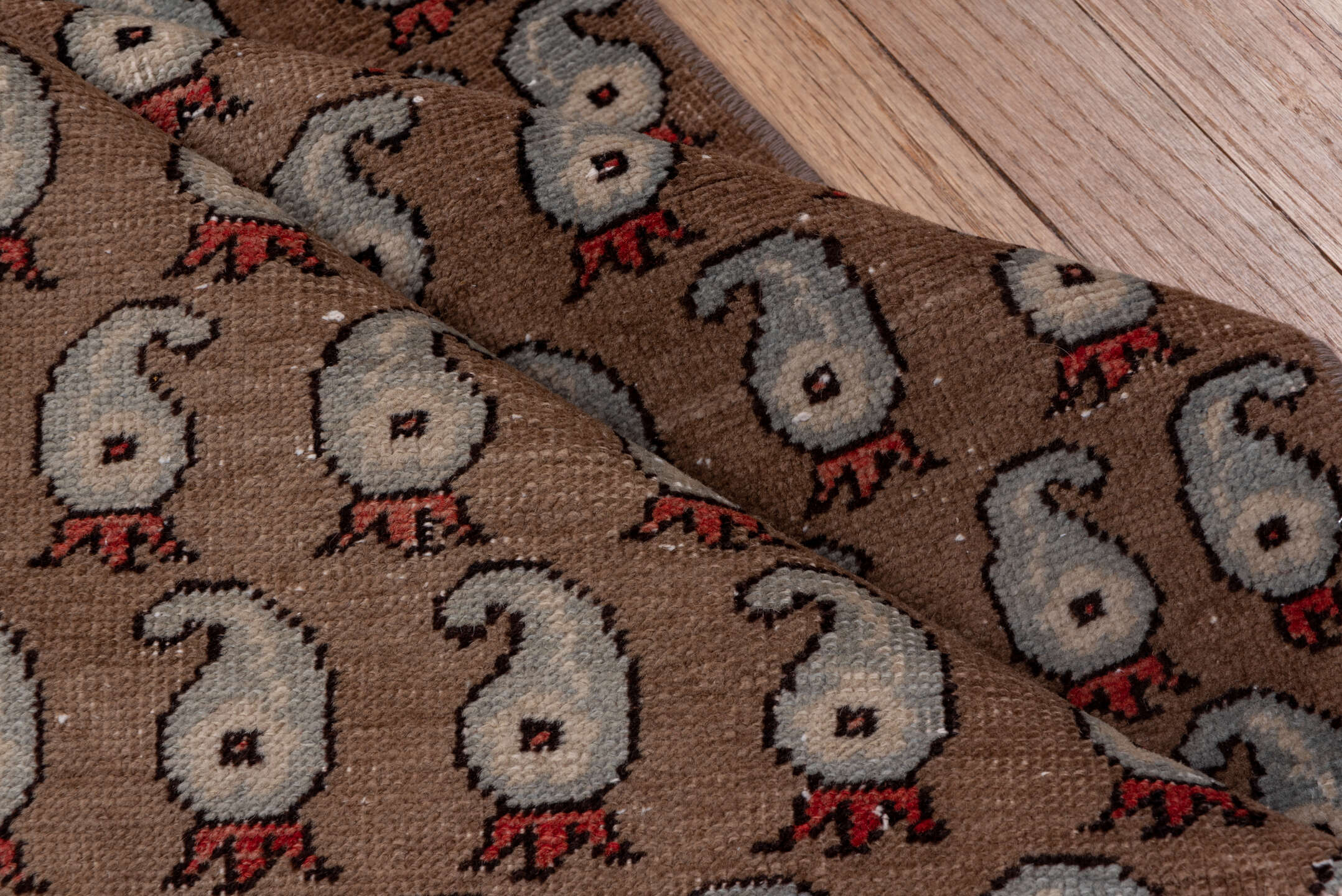 2' x 8' one-of-a-kind handmade vintage Oushak runner rug. Color palette: brown, gray, off-white, pink, red, snow, white