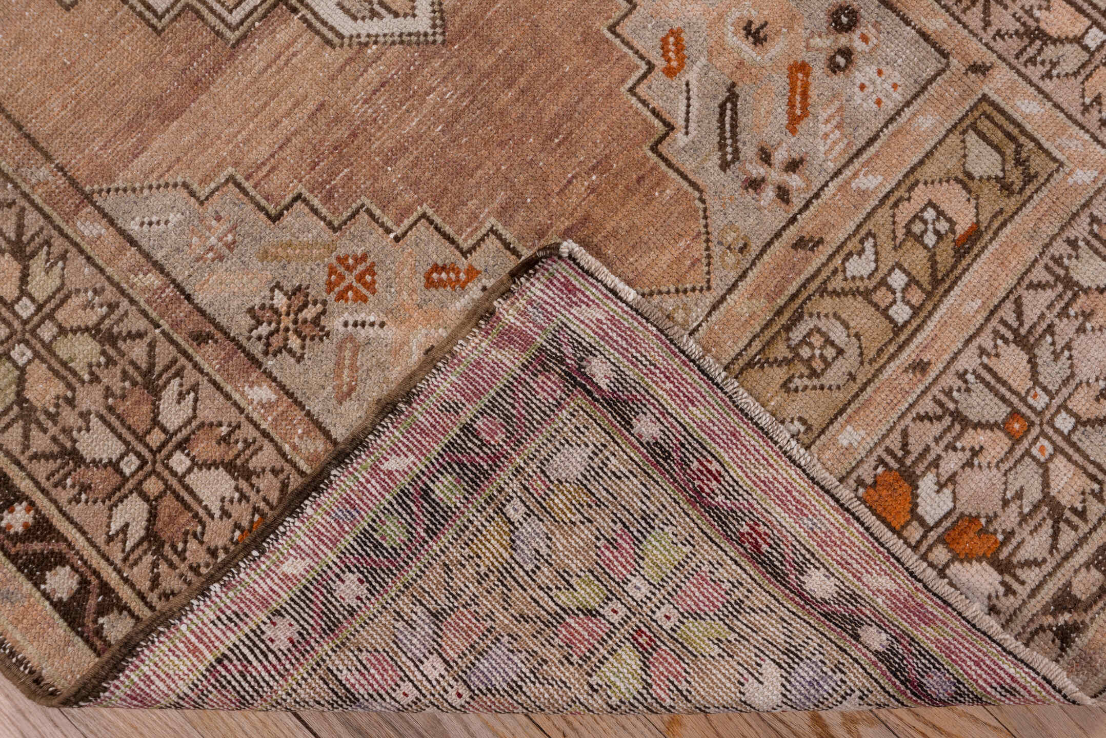 3' x 6' one-of-a-kind handmade vintage Oushak small size rug. Color palette: brown, gray, light gray, off-white, pink, snow