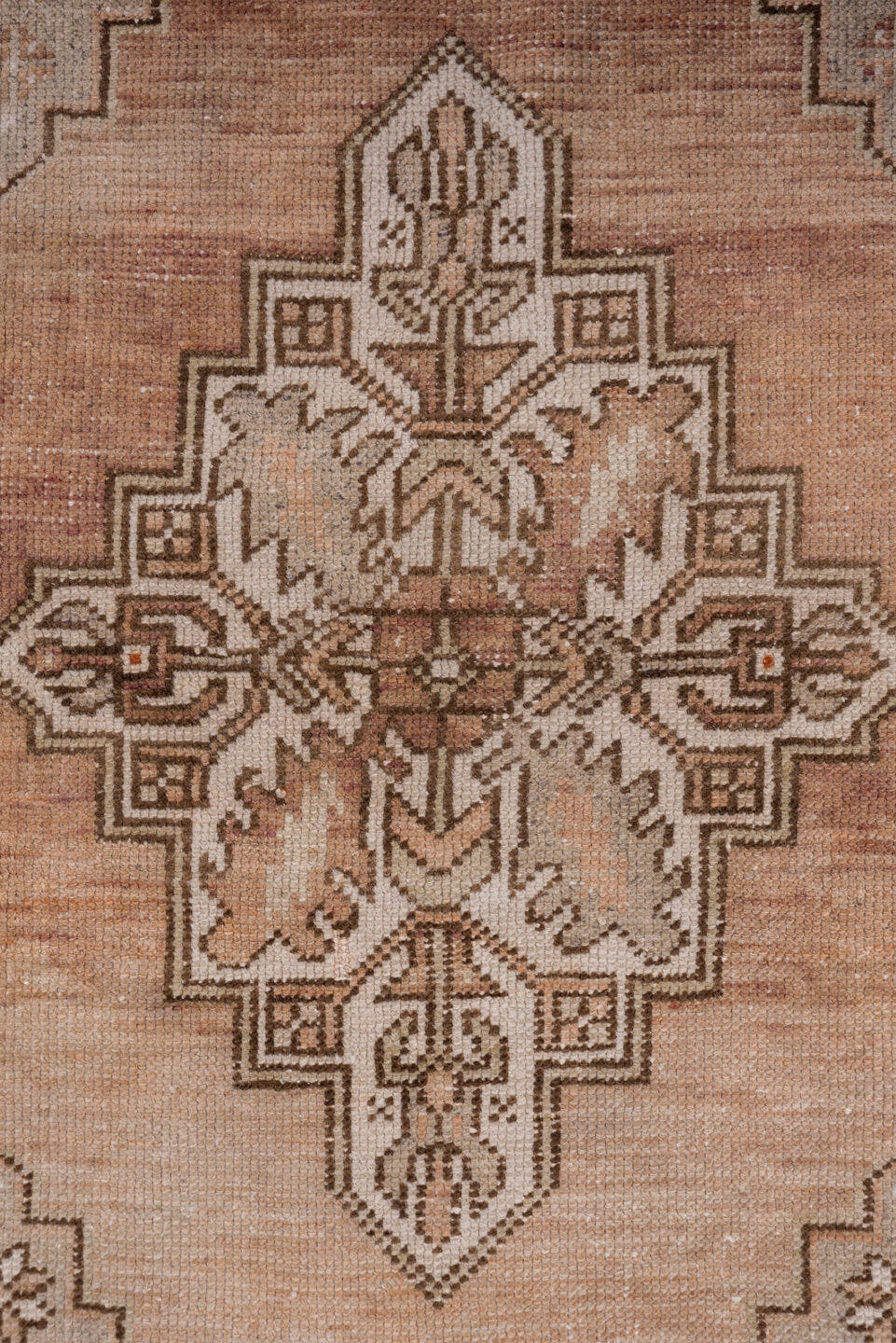 3' x 6' one-of-a-kind handmade vintage Oushak small size rug. Color palette: blush, taupe, ivory, brown, rust, camel