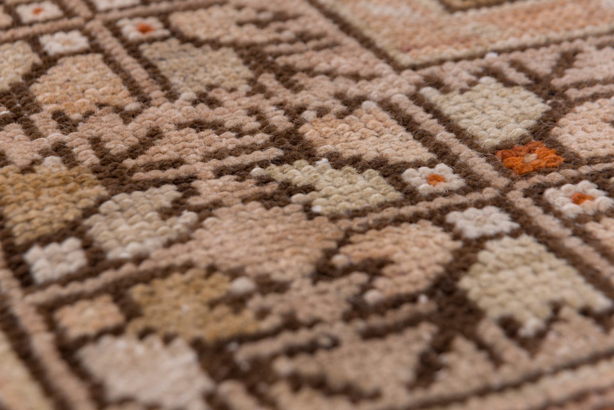 3' x 6' one-of-a-kind handmade vintage Oushak small size rug. Color palette: blush, taupe, ivory, brown, rust, camel