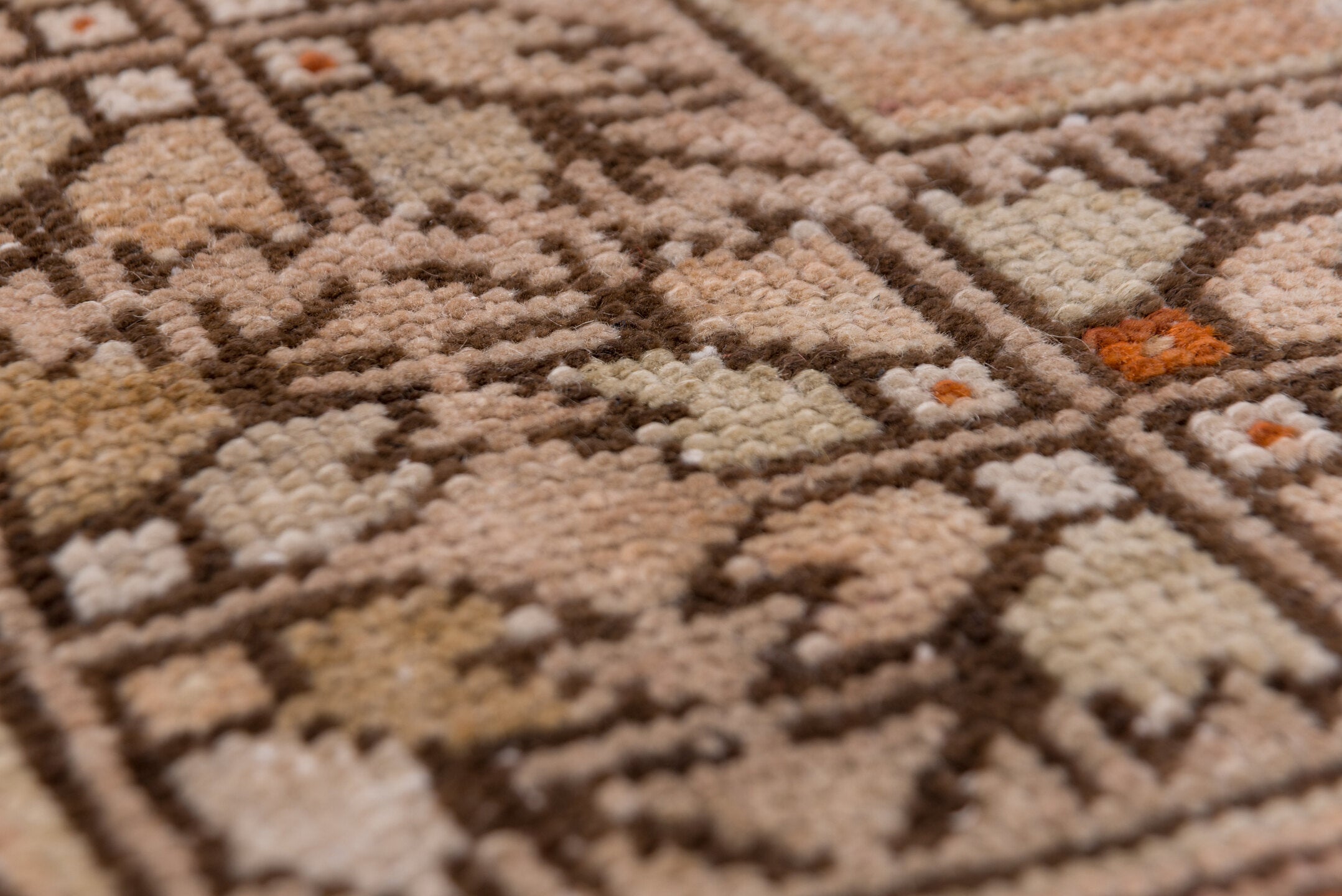 3' x 6' one-of-a-kind handmade vintage Oushak small size rug. Color palette: blush, taupe, ivory, brown, rust, camel