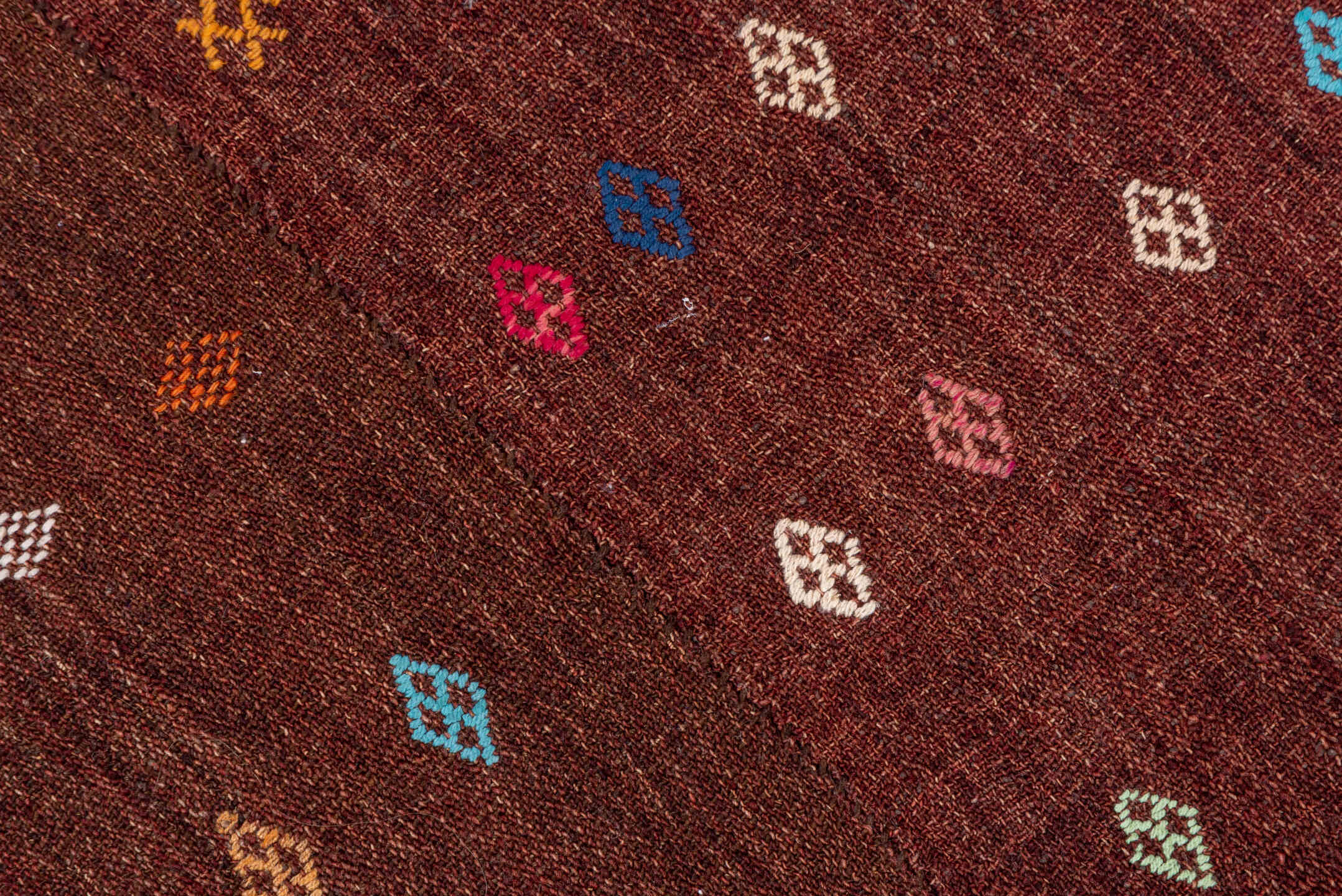 2' x 3' one-of-a-kind handmade vintage Jijim small size rug. Color palette: mahogany, rust, ivory, sky_blue, gold, coral