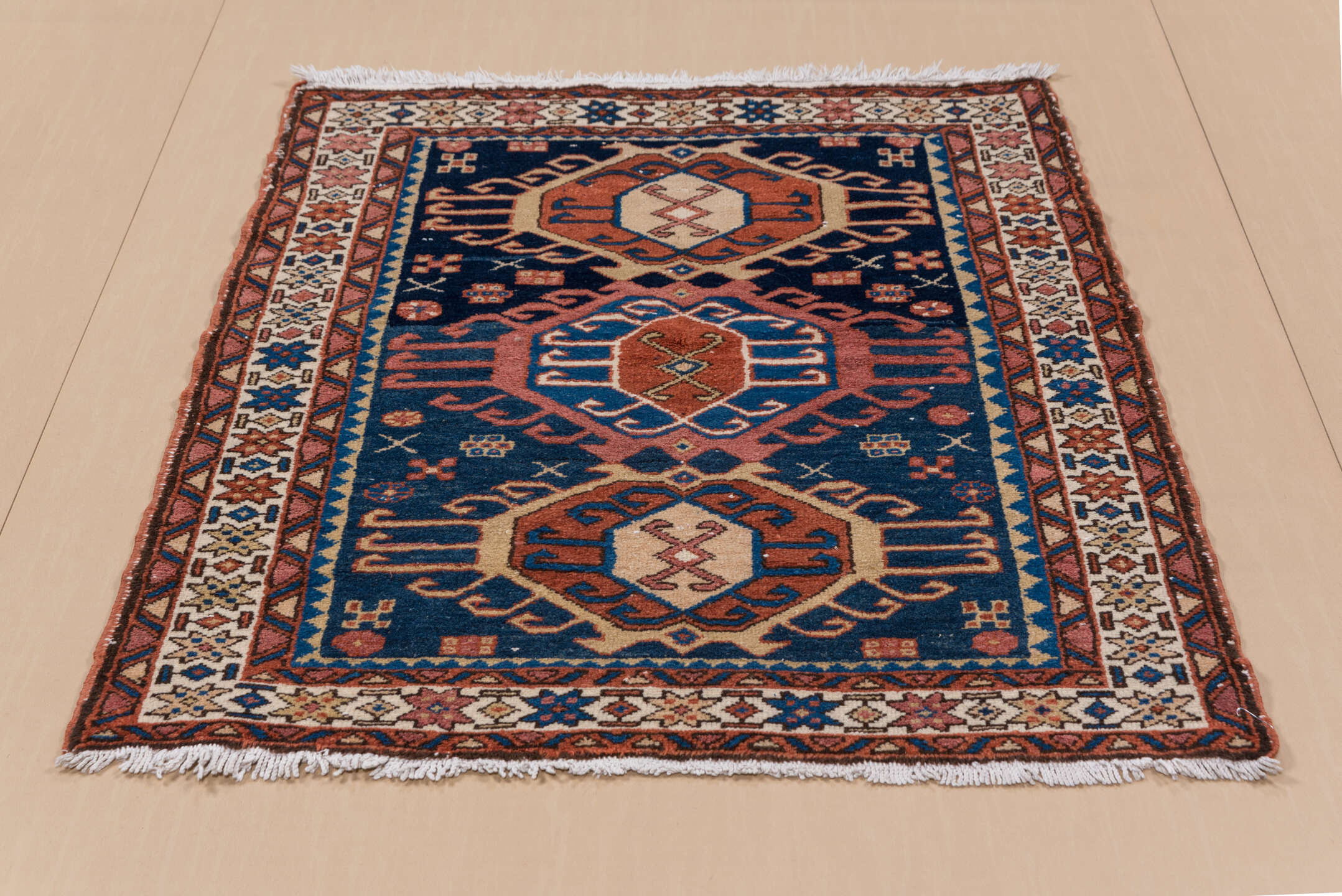 3' x 4' one-of-a-kind handmade vintage Karaje small size rug. Color palette: blue, brown, gray, light gray, off-white, pink