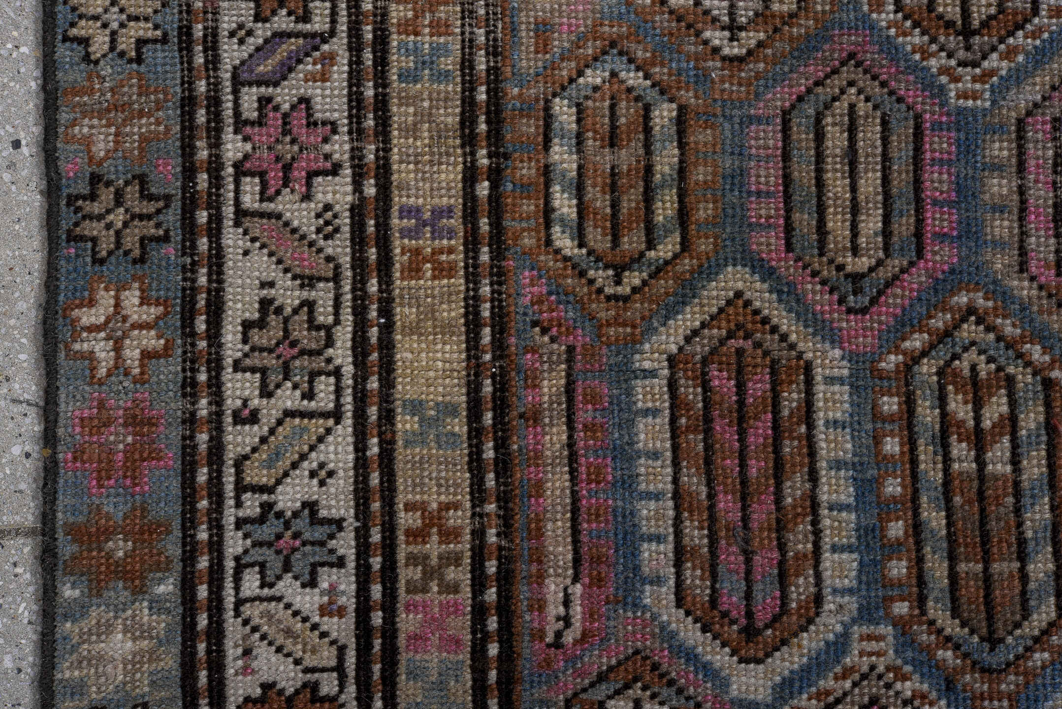 4' x 10' one-of-a-kind handmade vintage Karabagh runner rug. Color palette: blue, brown, gray, light gray, pink, red