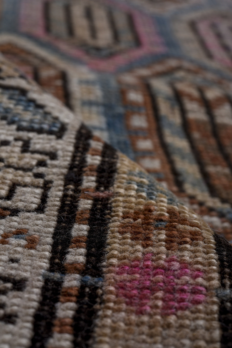 4' x 10' one-of-a-kind handmade vintage Karabagh runner rug. Color palette: blue, brown, gray, light gray, pink, red