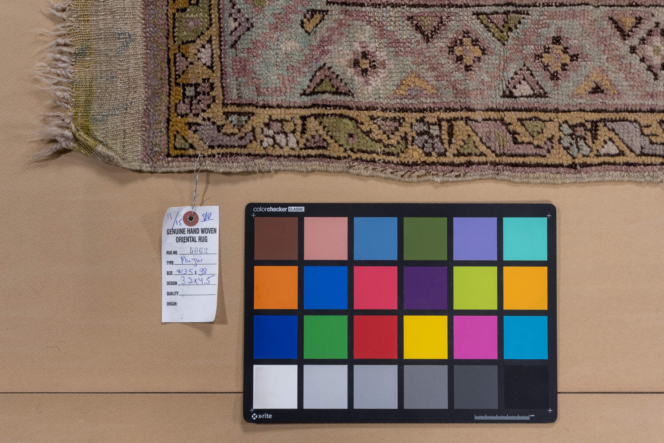 3' x 4' one-of-a-kind handmade vintage Mujjur small size rug. Color palette: rose, olive, ivory, taupe, sage, camel